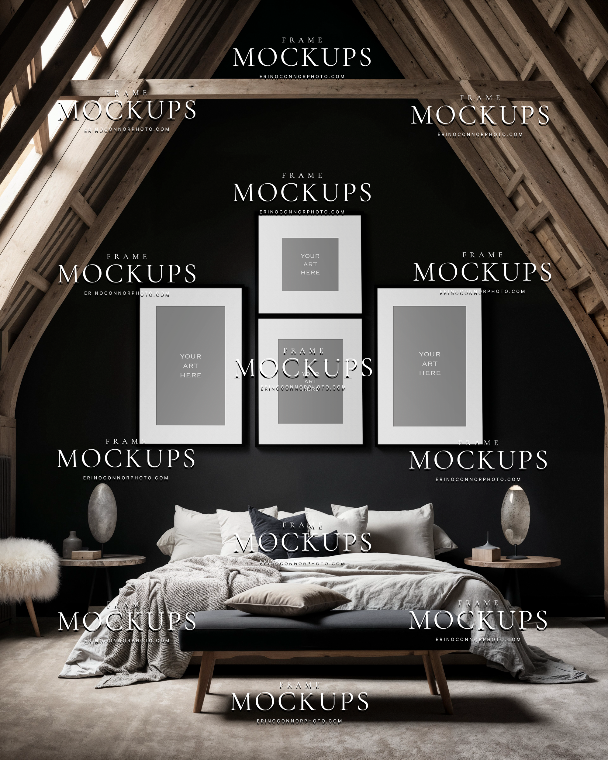 Empty four frame bedroom gallery wall mockup in a rustic modern A-frame cabin with exposed rafters, black wall, layered neutral bedding, and soft moody light