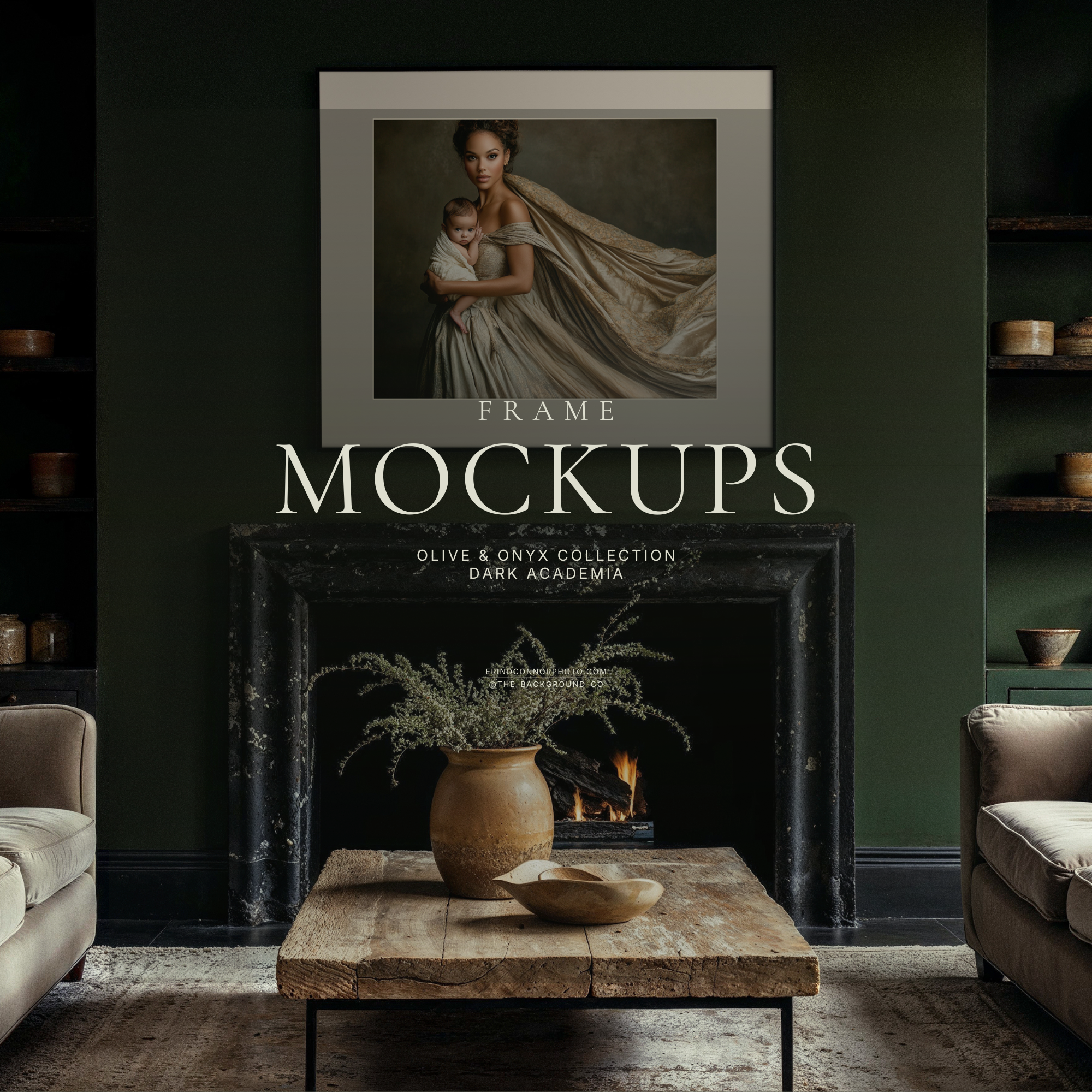 Dark academia living room mockup, olive green wall with built in shelves, black marble fireplace and rustic coffee table, large landscape frame with wide matte for art display.
