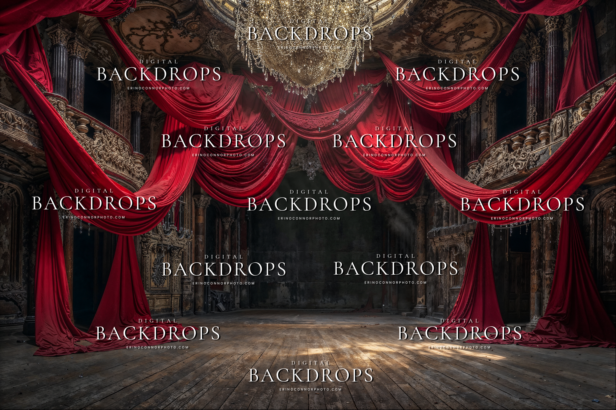 Ornate opera house interior digital backdrop with deep red drapery swags, chandelier, aged gilded balconies, moody theatre atmosphere for fantasy composites