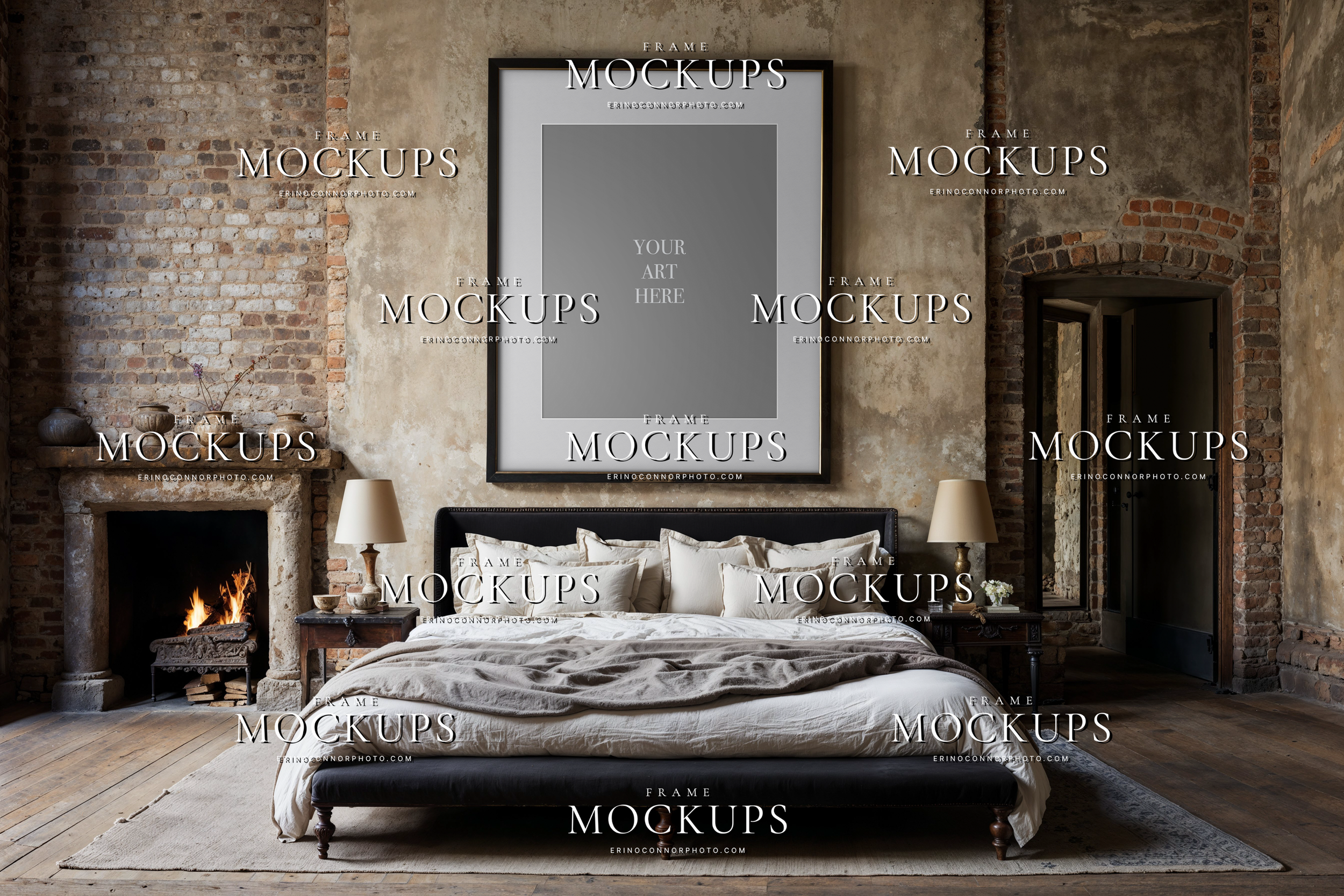 Empty vertical frame mockup above a bed in a weathered industrial bedroom with old fireplace, brick walls, plaster texture, and warm romantic styling