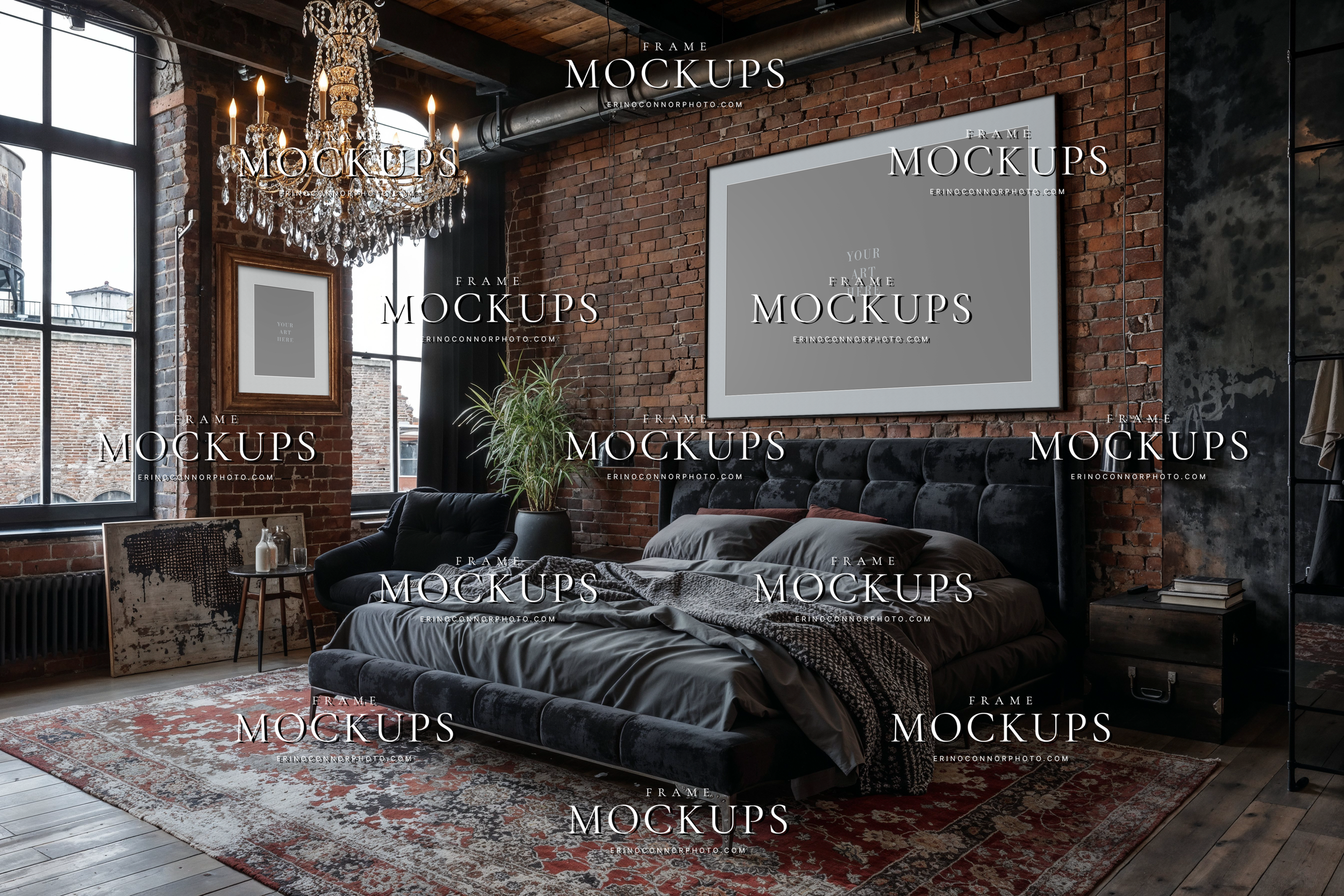 Industrial chic horizontal frame mockup above a dark bed with exposed brick walls, crystal chandelier, loft windows, and moody bedroom styling