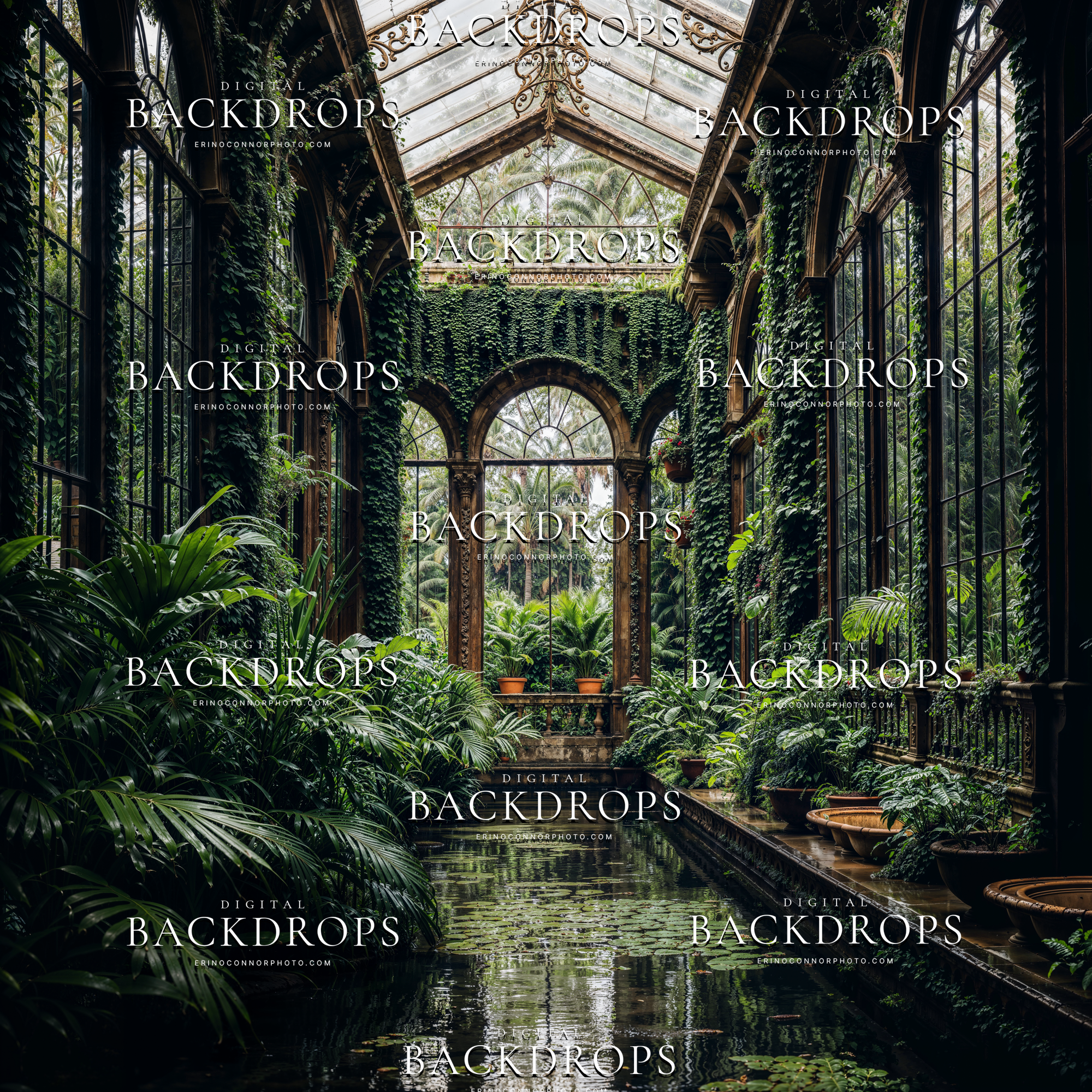 Overgrown greenhouse with lily pond, glass ceiling, ivy, and long reflective water channel, Palace Greenhouse: Emerald Conservatory digital backdrop.