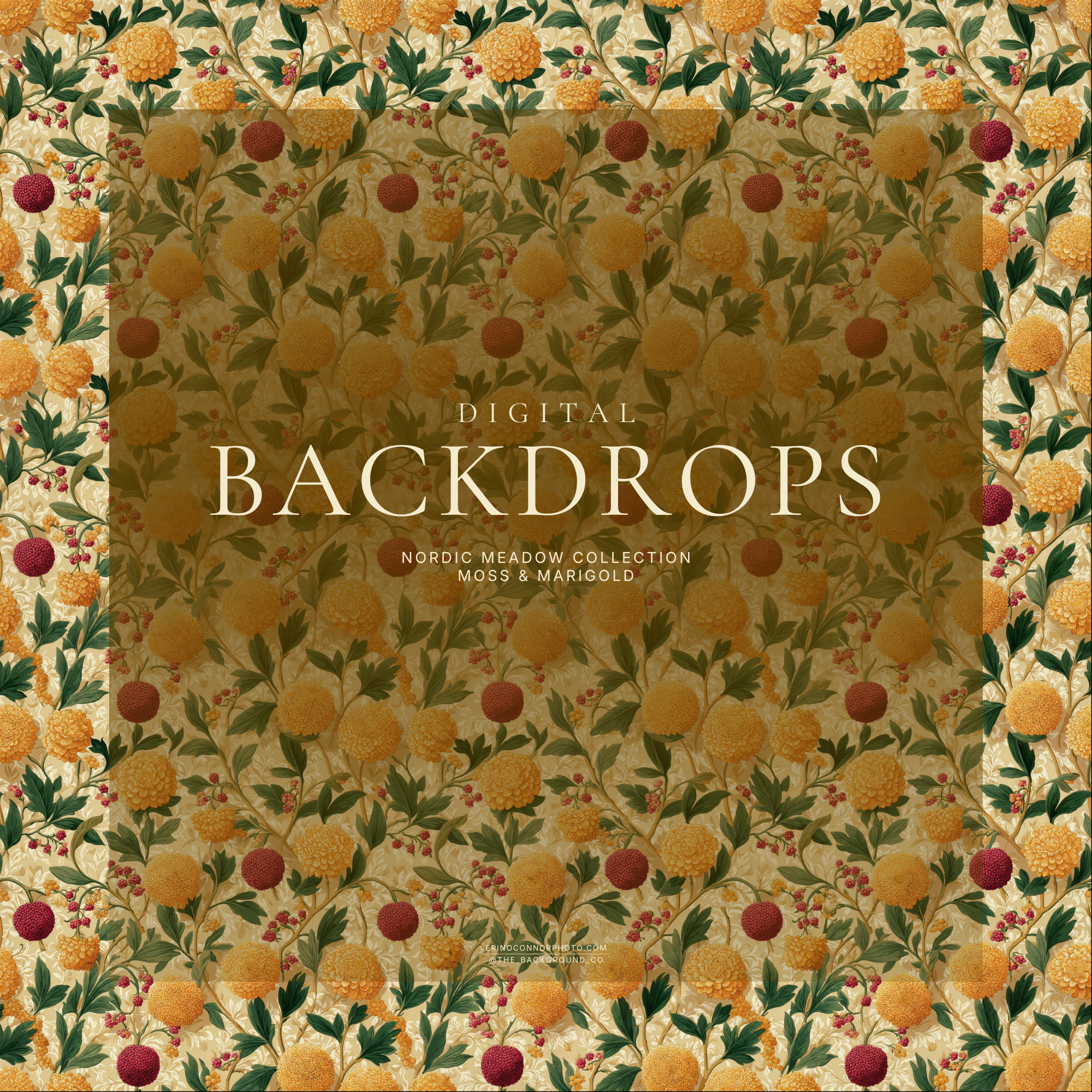 Nordic Meadow digital background, warm marigold floral pattern with golden pom blooms, berry accents, olive leaves on beige, painterly wallpaper style, high resolution JPEG.