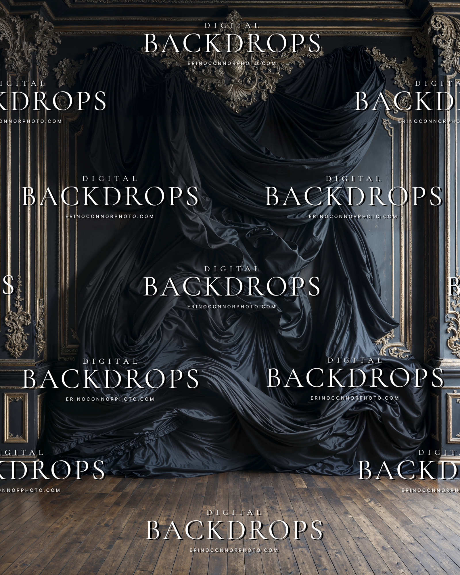 Moody black drapery digital background with sweeping silk folds and ornate wall paneling for luxury portrait and editorial composites.