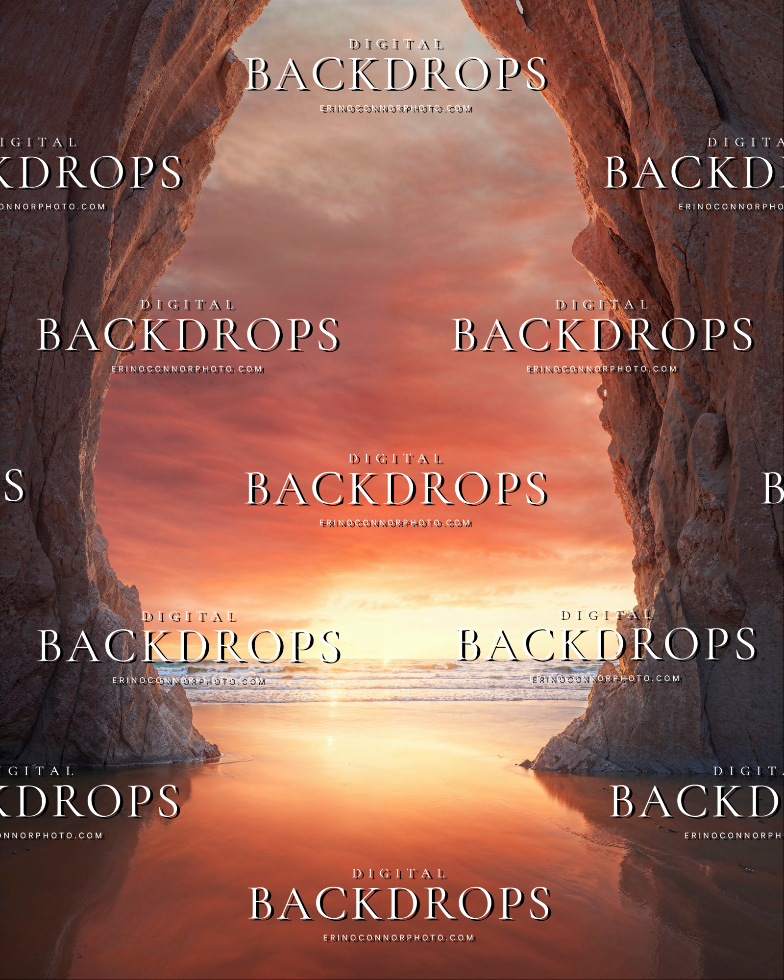 Sunset Beach Arch Blush Horizon digital backdrop showing a coral lit beach arch framing a bright sunset over the ocean with reflective wet sand and warm peach coastal tones.