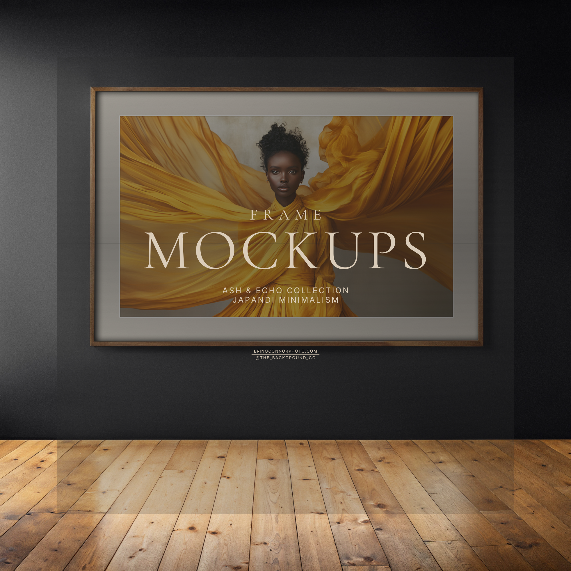 Japandi minimalism horizontal frame mockup on a dark minimalist wall with warm wood floor and clean gallery style presentation