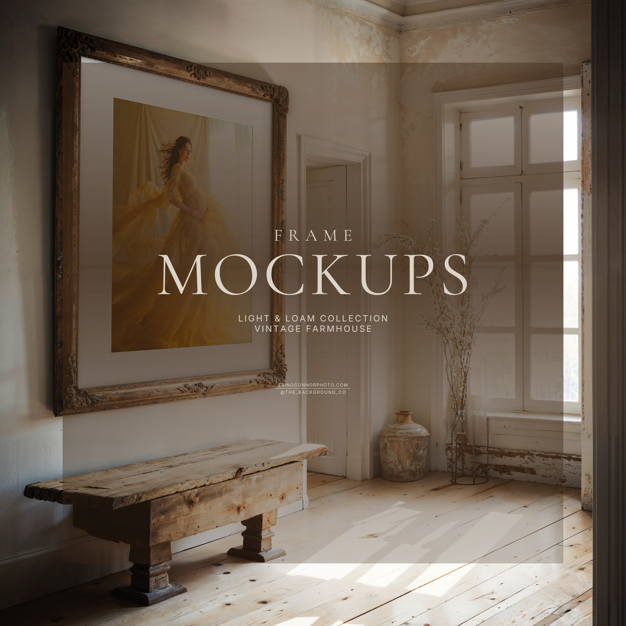 Vintage white room mockup with pale wood floors, an ornate antique frame above a rustic bench, soft window light, neutral walls, and a blank artwork area for artist or photographer displays.