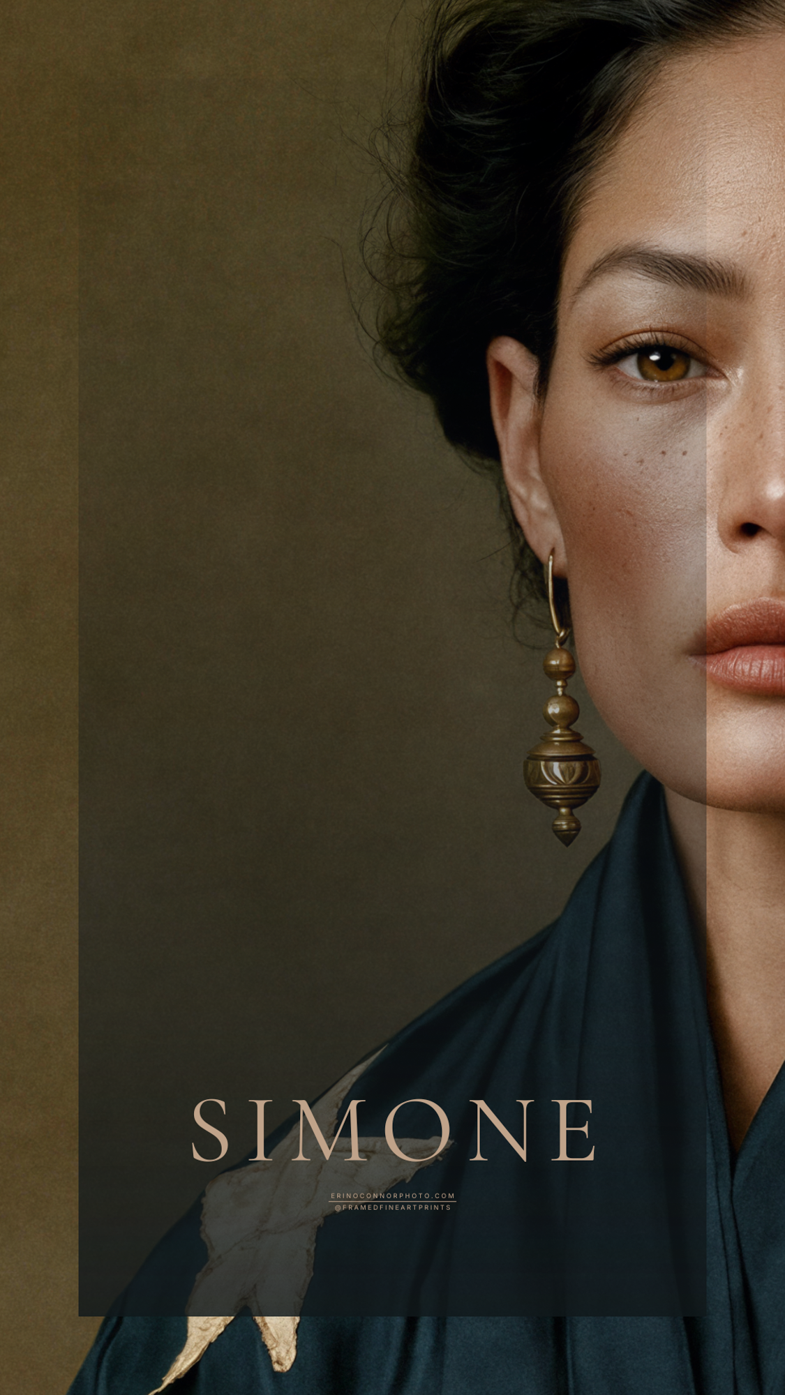 Close portrait of Simone with long dark hair, gold earrings and layered blue and cream textile around her shoulders.