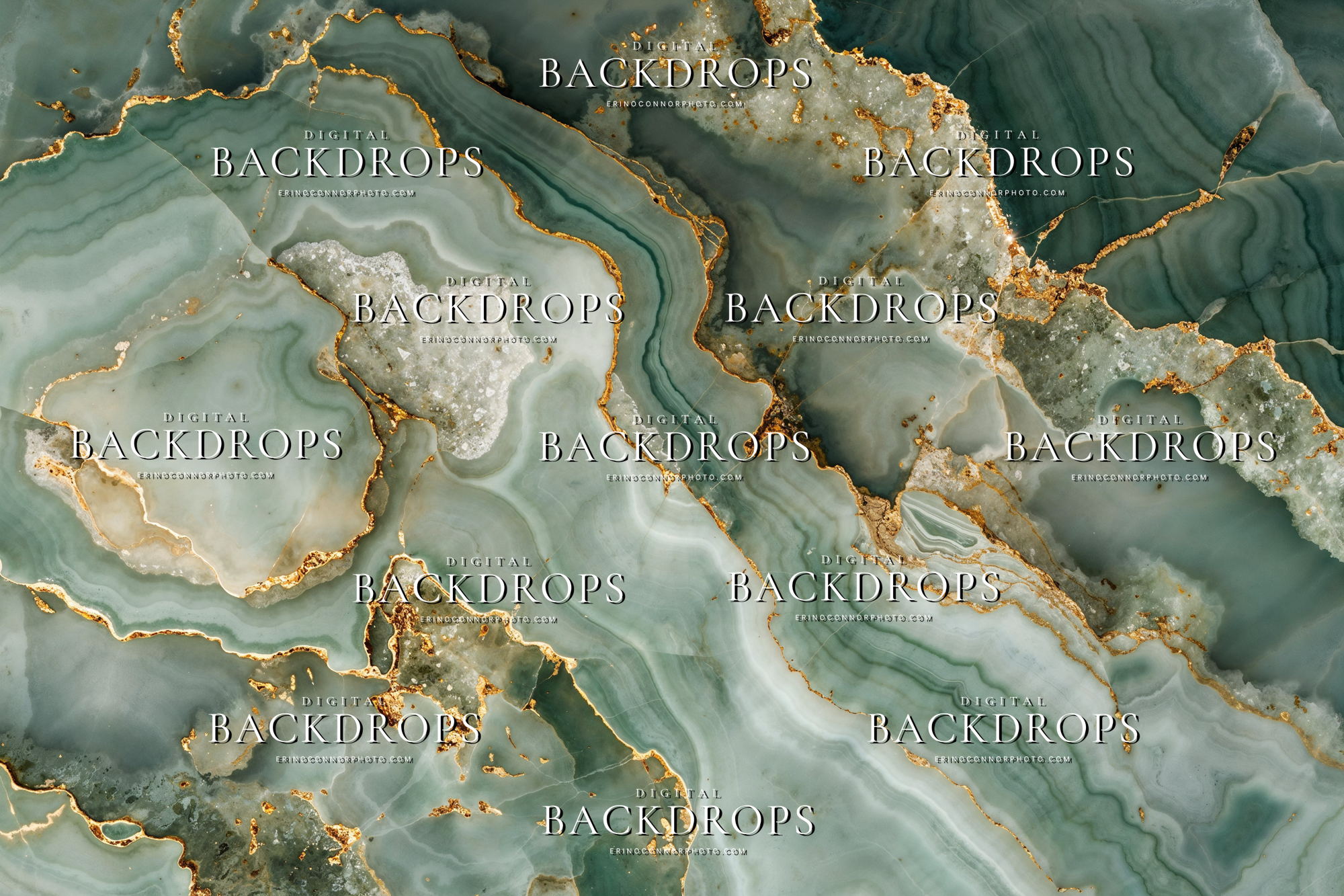 Sage green gold marble texture digital background with soft jade stone, cloudy mineral layers, crystal detail, and gilded veining.
