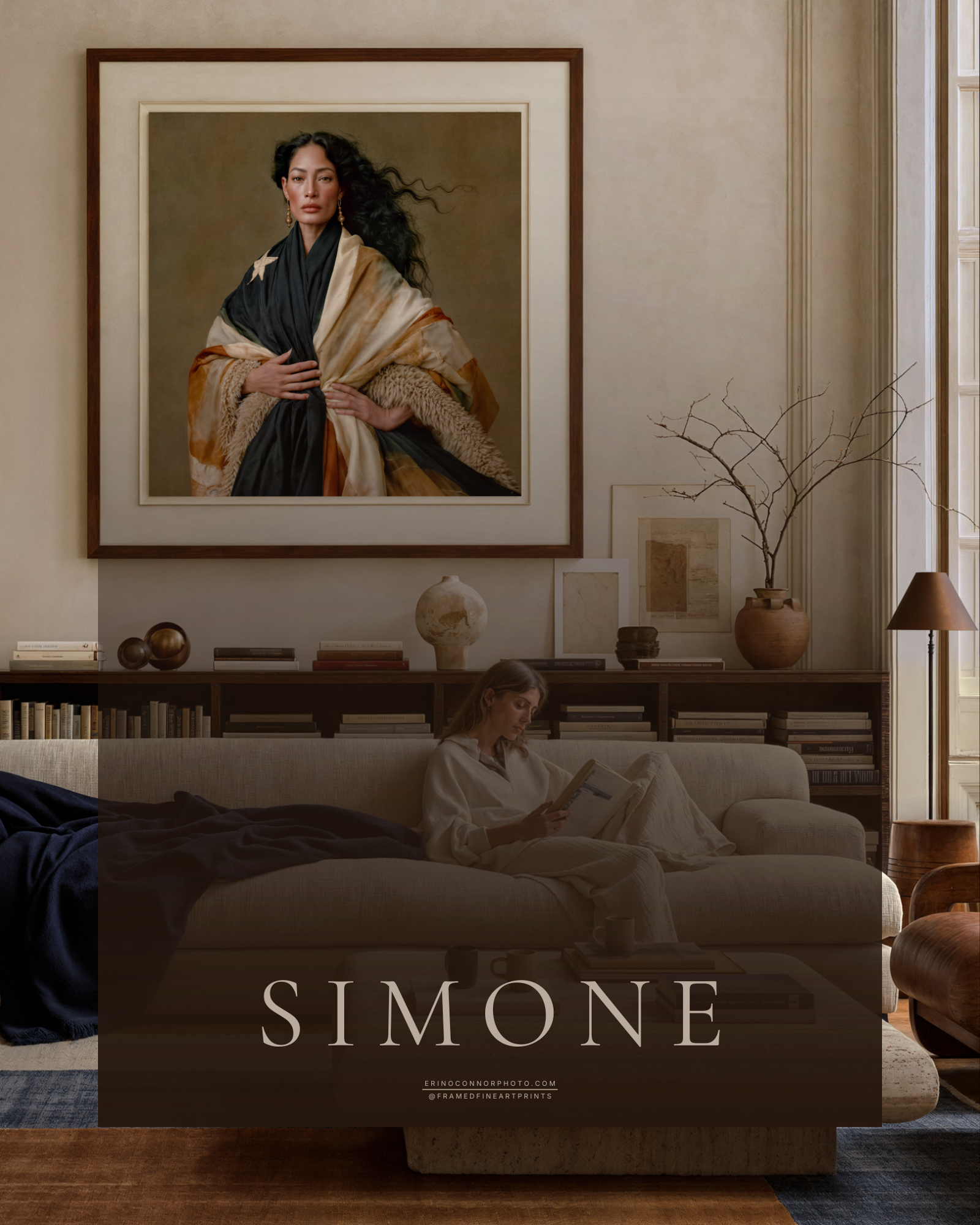 Large framed Simone fine art portrait displayed in a sophisticated interior with warm plaster, dark wood and restrained cream and rust accents.