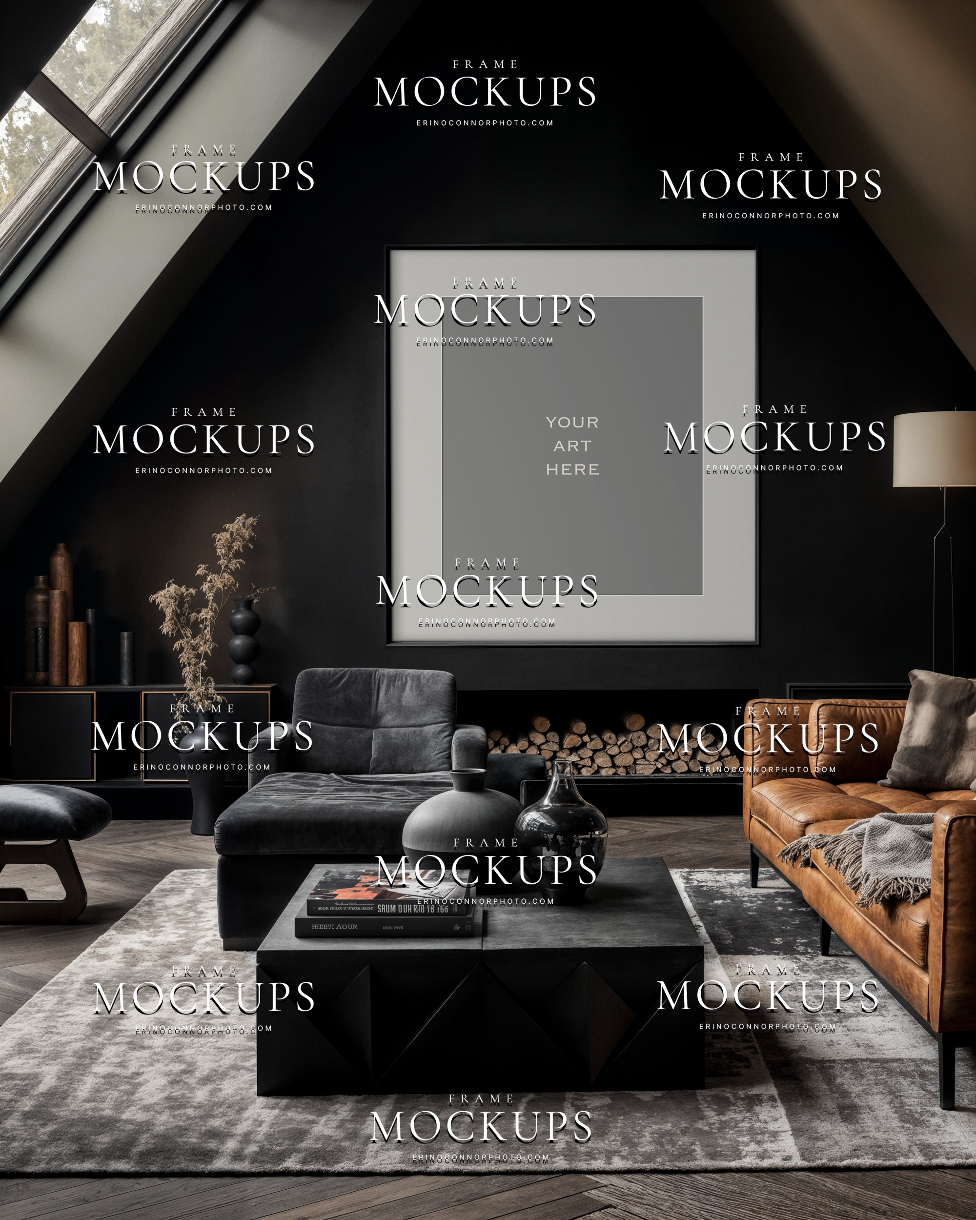 Empty square living room wall art mockup in a rustic modern cabin with black fireplace wall, timber ceiling, charcoal lounge chair, leather sofa, and styled coffee table