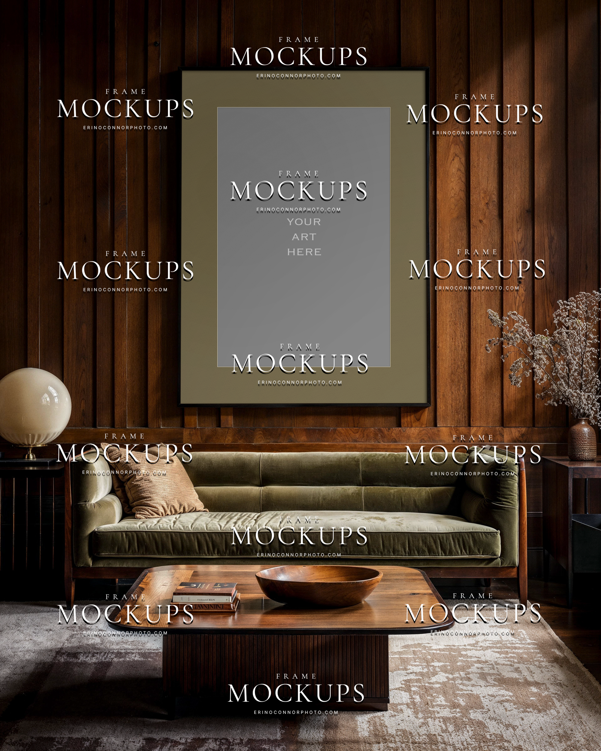 Midcentury Modern vertical frame mockup above an olive velvet sofa with walnut paneled wall, wood coffee table, globe lamp, and moody tailored styling