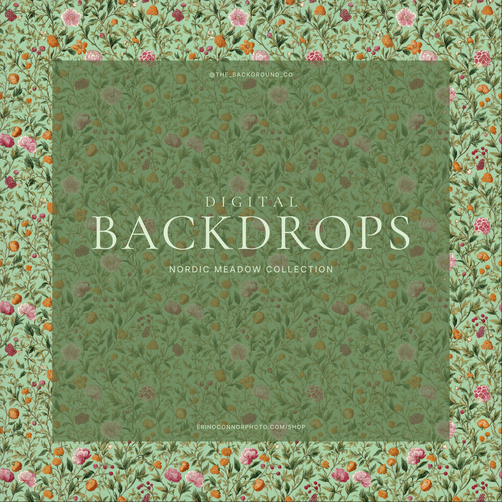 Nordic Meadow digital background: delicate mint-sage floral vine pattern with pink blossoms, orange blooms and tiny berries, soft Scandinavian meadow backdrop for newborn and portrait work.