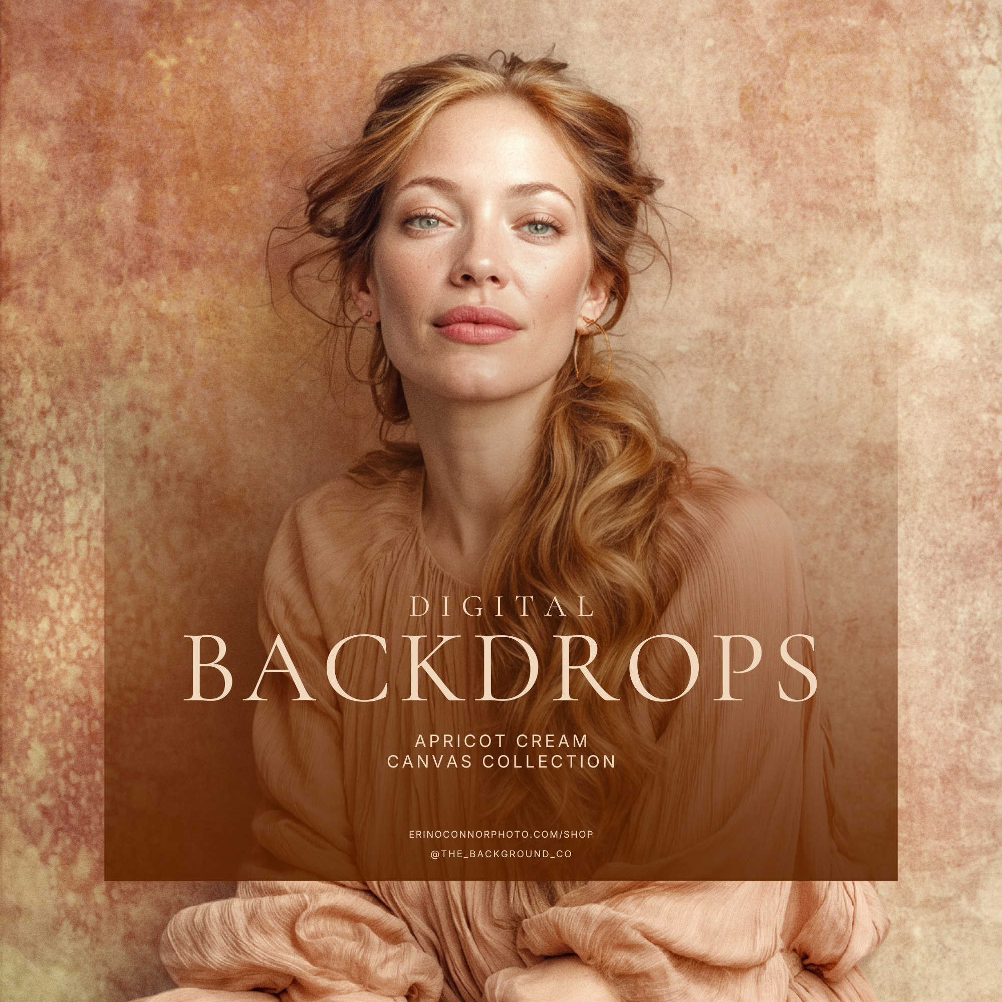 Portrait example on Apricot Cream canvas: woman with long wavy strawberry-blonde hair in peach blouse against warm peach-cream painted backdrop, ideal for maternity and fine art edits.