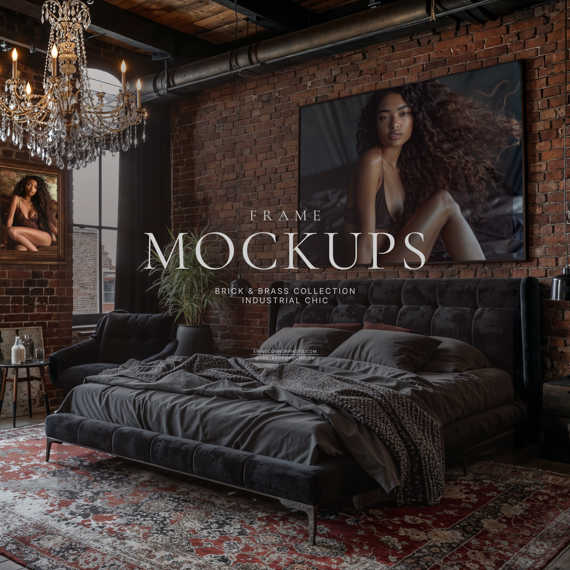 Industrial brick loft bedroom mockup with crystal chandelier, large framed canvas above bed on exposed brick wall, styled for photographers and artists to preview wall art.