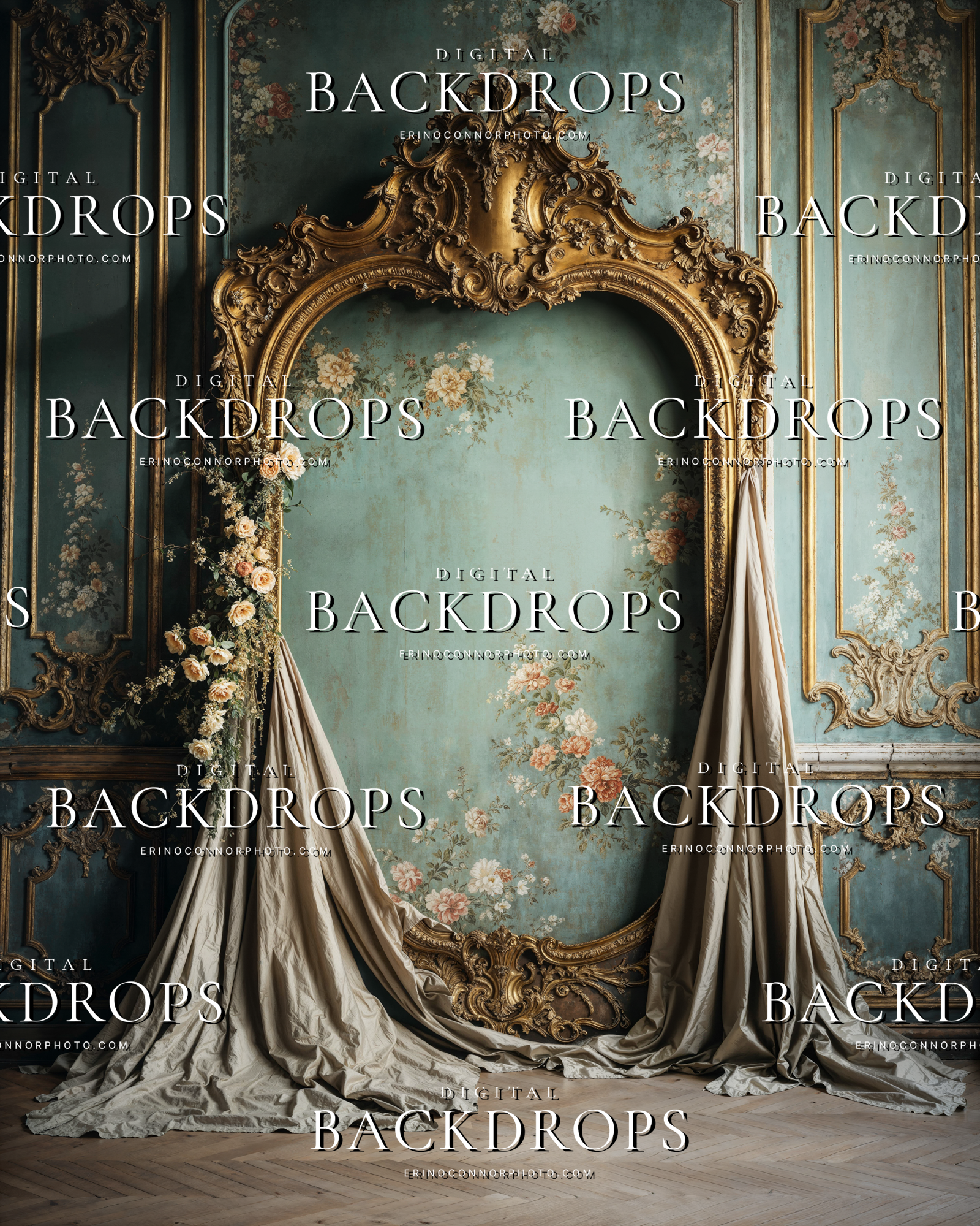 Vintage gilded arch digital background with rounded rococo frame, draped silk on left, floral garland and painted blooms on patina teal wall, high resolution JPEG.
