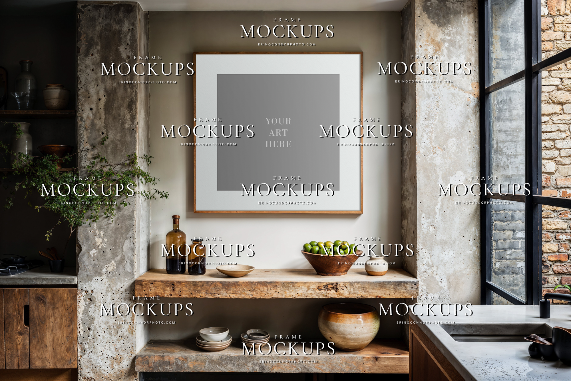 Rustic modern wall art mockup above reclaimed wood shelves with concrete surround, earthy vessels, and artisan styled kitchen interior.