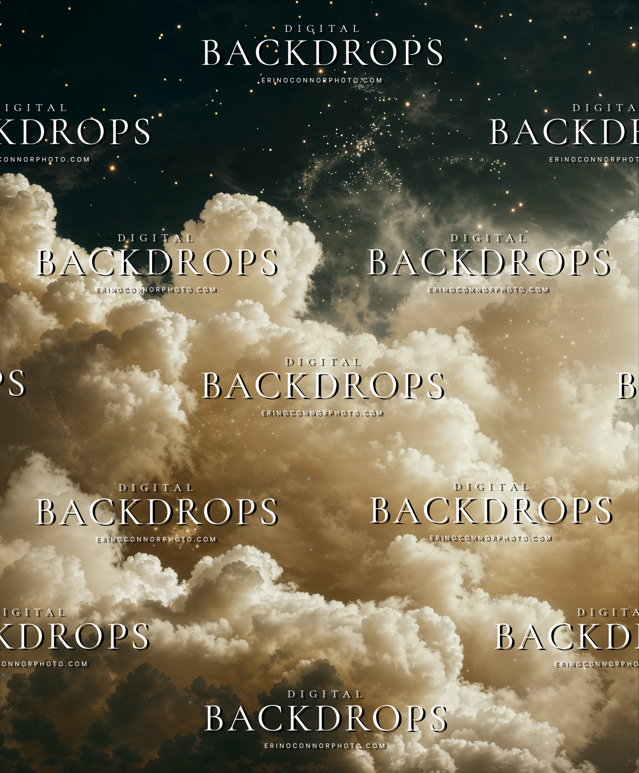 Warm celestial cloud background with glowing champagne clouds and a dark night sky filled with soft star clusters.