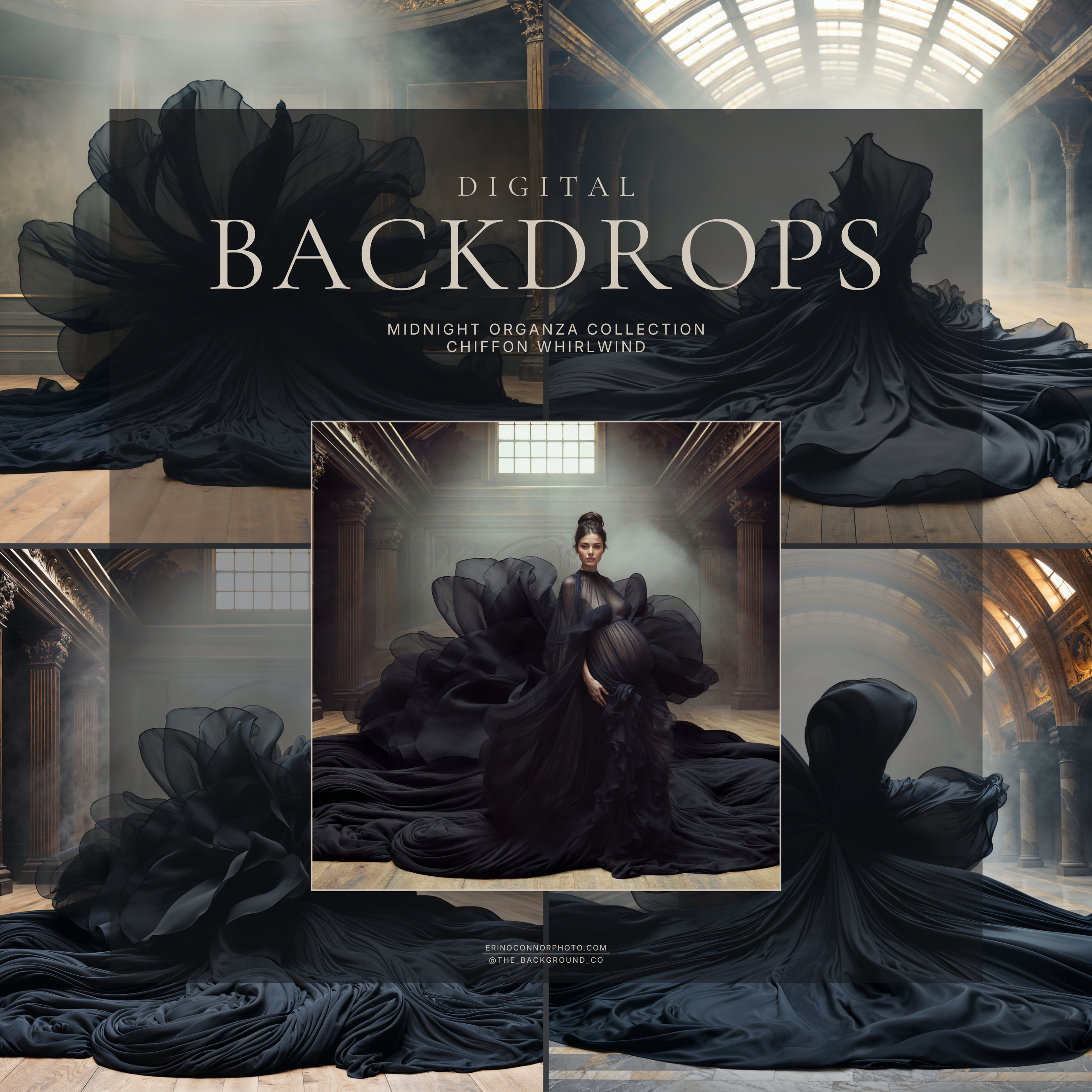 Collage for Chiffon Whirlwind Midnight Organza digital backgrounds featuring black flowing fabric scenes, a maternity portrait composite, and moody grand hall backdrops for photographers.