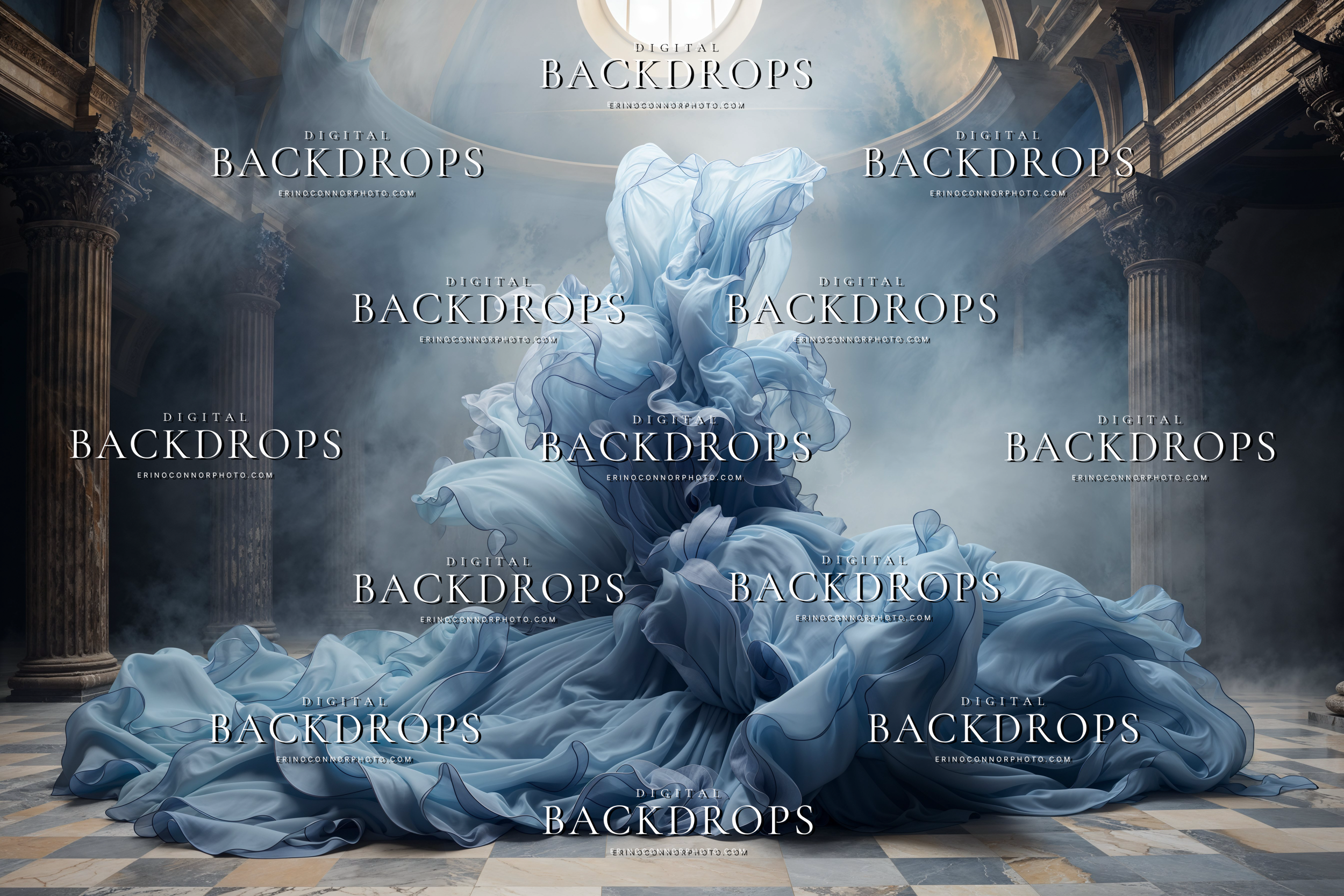 Translucent blue fabric rising beneath a circular skylight in a grand hall with haze and columns, digital background for editorial portrait composites.