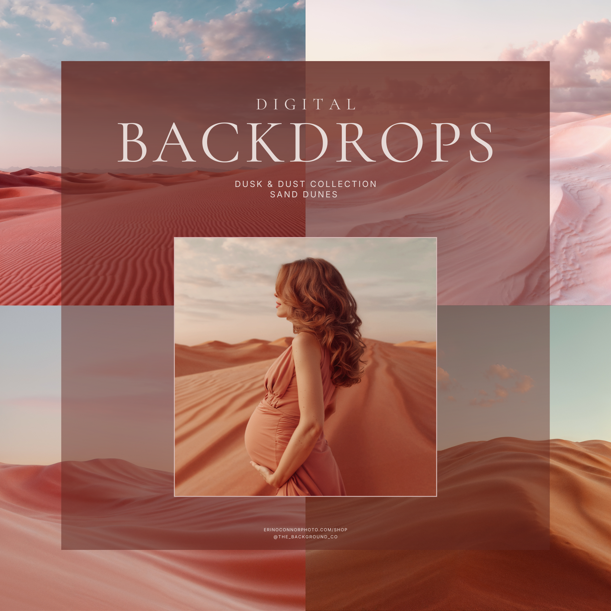 Collection collage for Sand Dunes: Dusk & Dust featuring pink and terracotta desert digital backgrounds, rippled sand dunes, pastel skies, and a maternity composite example