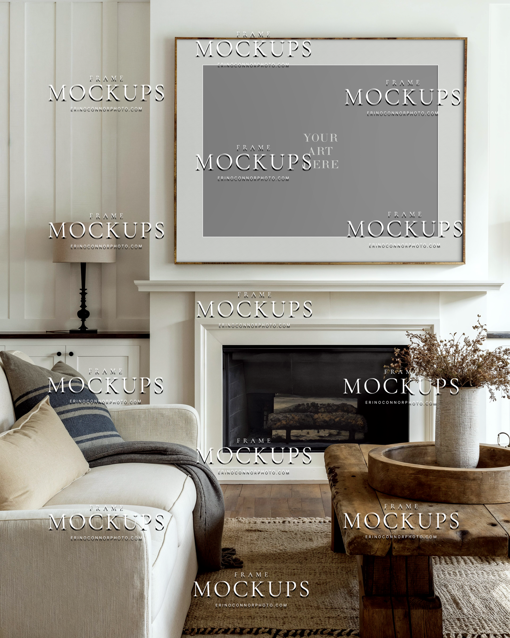 Linen and oak wall art mockup preview with fireplace, neutral furnishings, and framed family portrait for photographers and artists selling framed artwork.