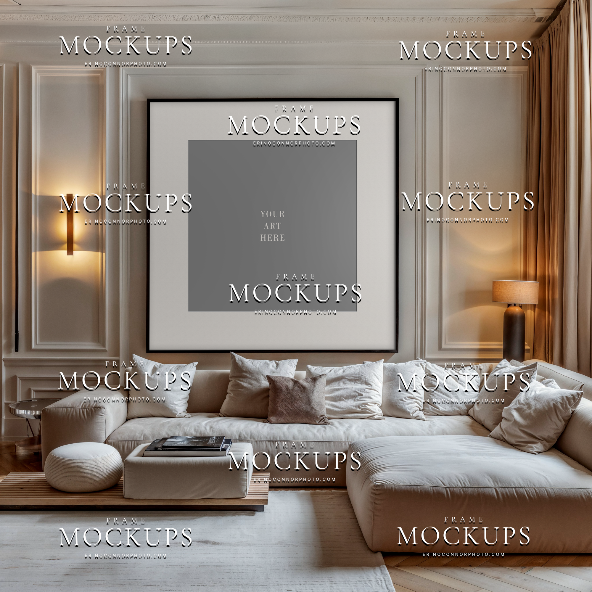 Neutral contemporary interior frame mockup with paneled walls, oversized chaise sectional, and black frame for photographers and artists showcasing wall art prints.