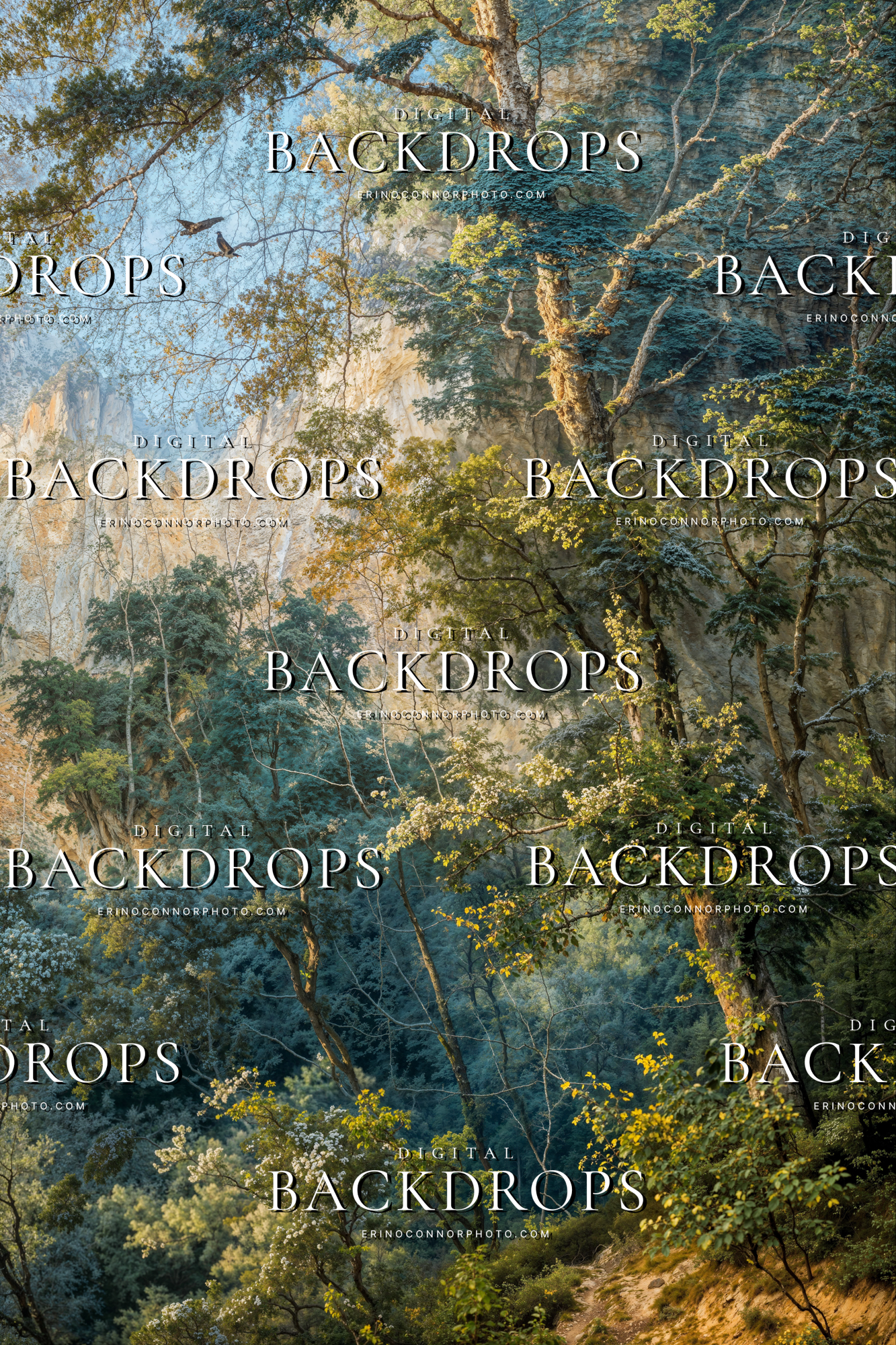 Old Masters Varnished Valleys digital background: misty forest canyon with birds and cliffs, painterly oil landscape with crackled varnish; fantasy portrait composite backdrop.