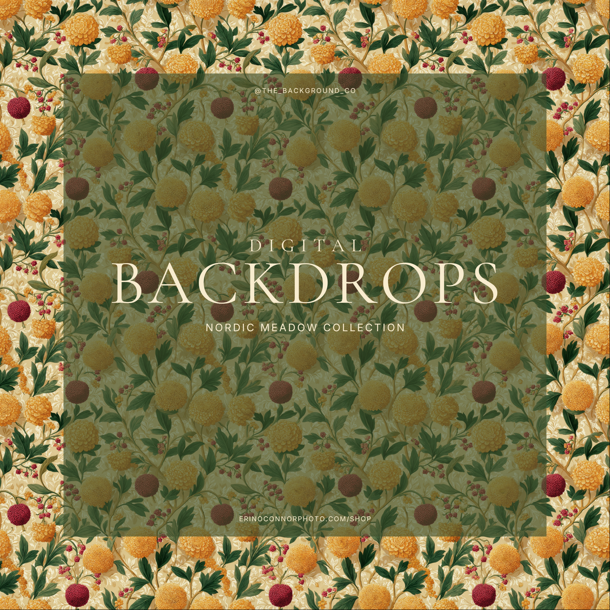 Nordic Meadow digital background: vintage Scandinavian floral pattern with golden pom-pom chrysanthemums, deep green leaves, burgundy berries on warm beige backdrop for studio portraits.