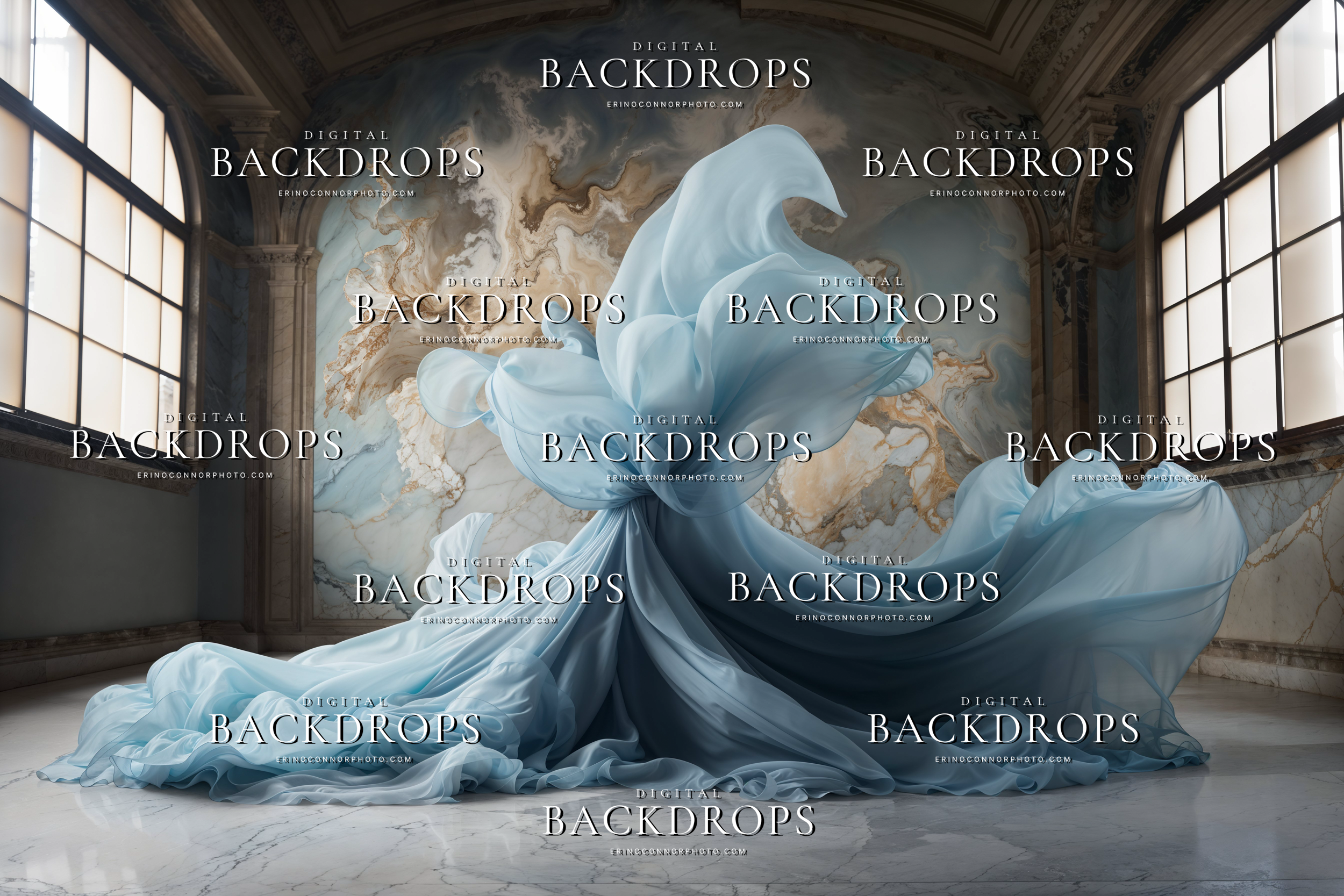 Large blue chiffon form in an aged room with marbled walls and window light, digital background for portrait and maternity composites.