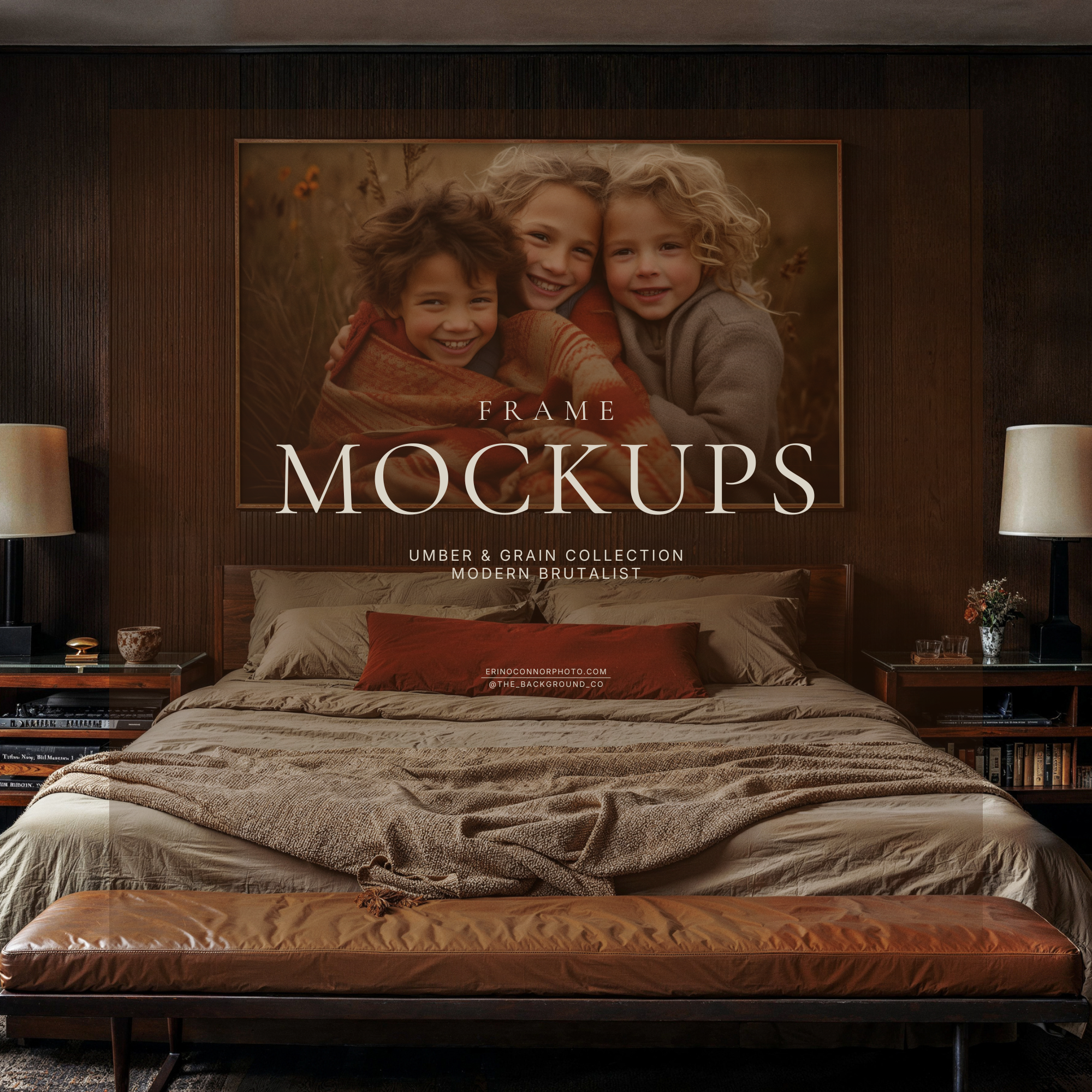 Modern brutalist bedroom frame mockup with dark wood panel wall, oversized landscape frame with wide matte above bed, leather bench, warm neutral bedding, moody editorial styling.