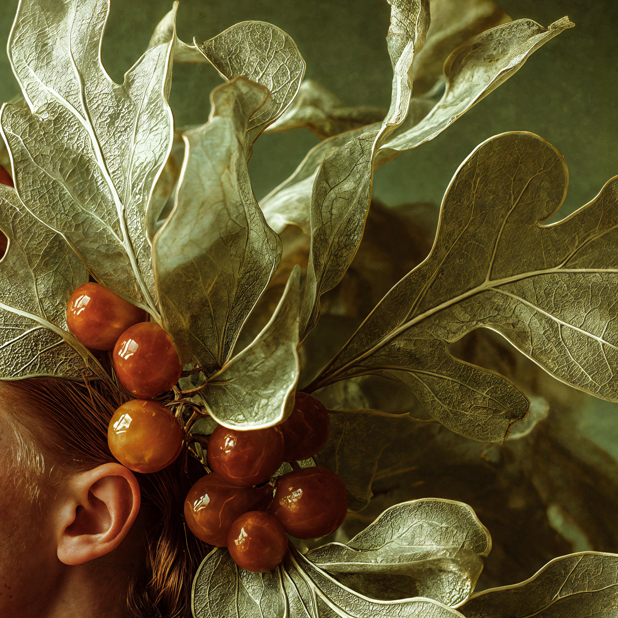 Close detail of the large veined fig leaves forming Rowan's sculptural botanical headdress.
