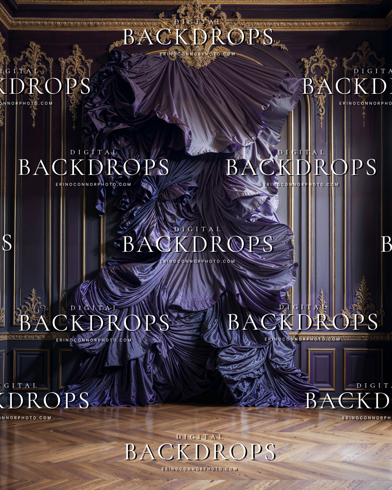 Purple silk digital backdrop with dramatic fabric folds, gilded wall panels, parquet floor, and Rococo inspired styling.