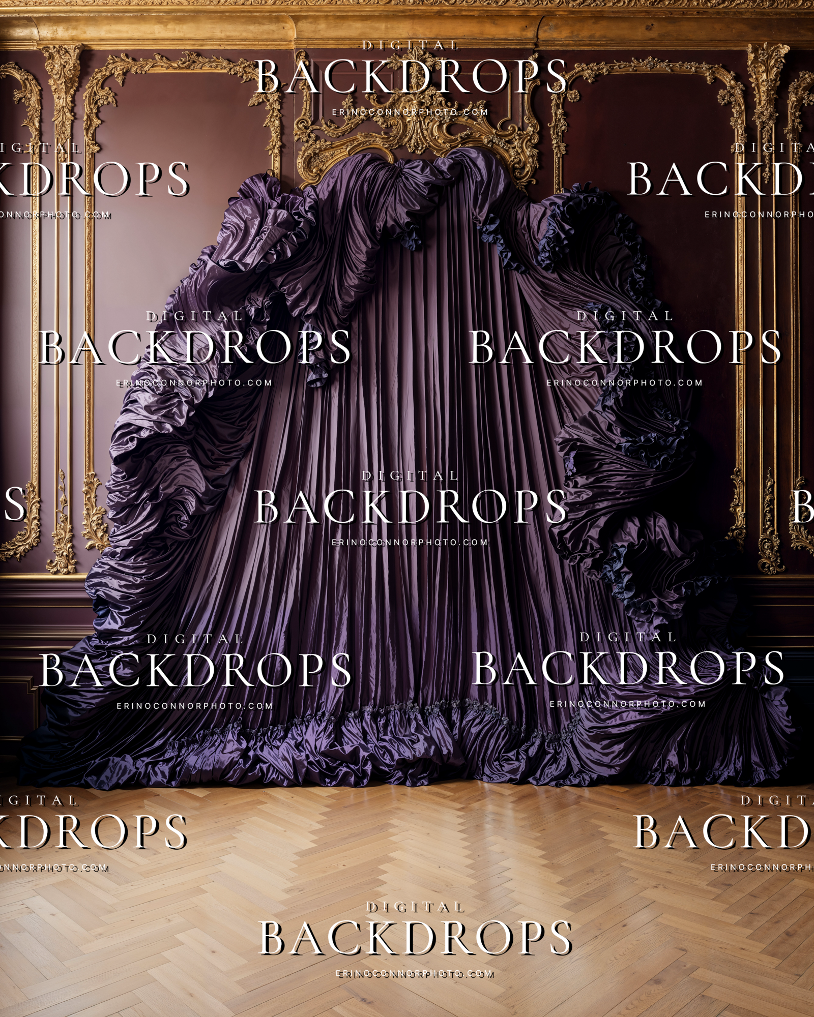 lum purple silk backdrop with antique gold molding, dramatic fabric movement, and dark Rococo interior styling for portrait composites.