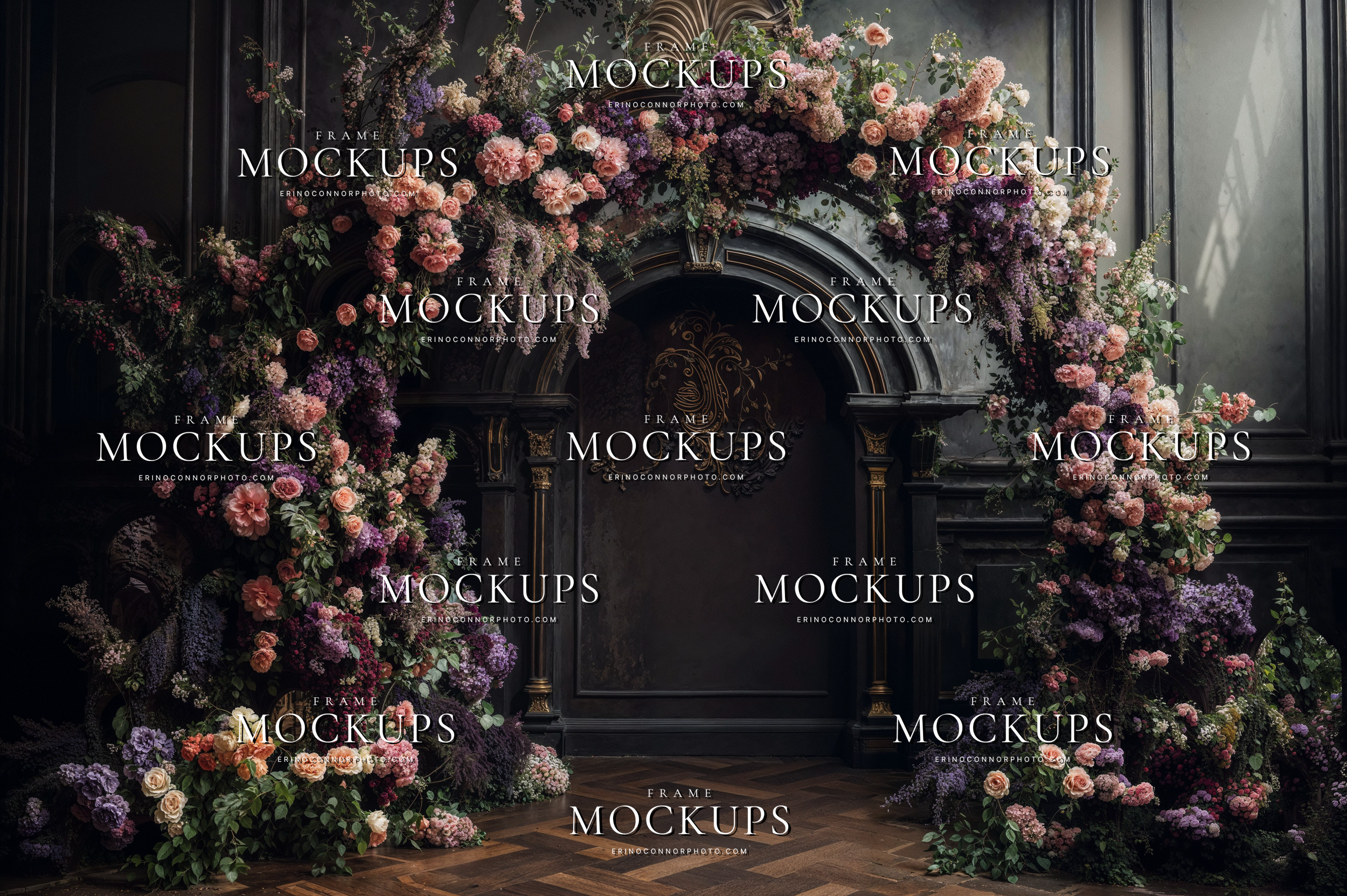 Moody floral arch digital background with deep charcoal walls, mauve and blush flowers, and dramatic vintage architectural detail.