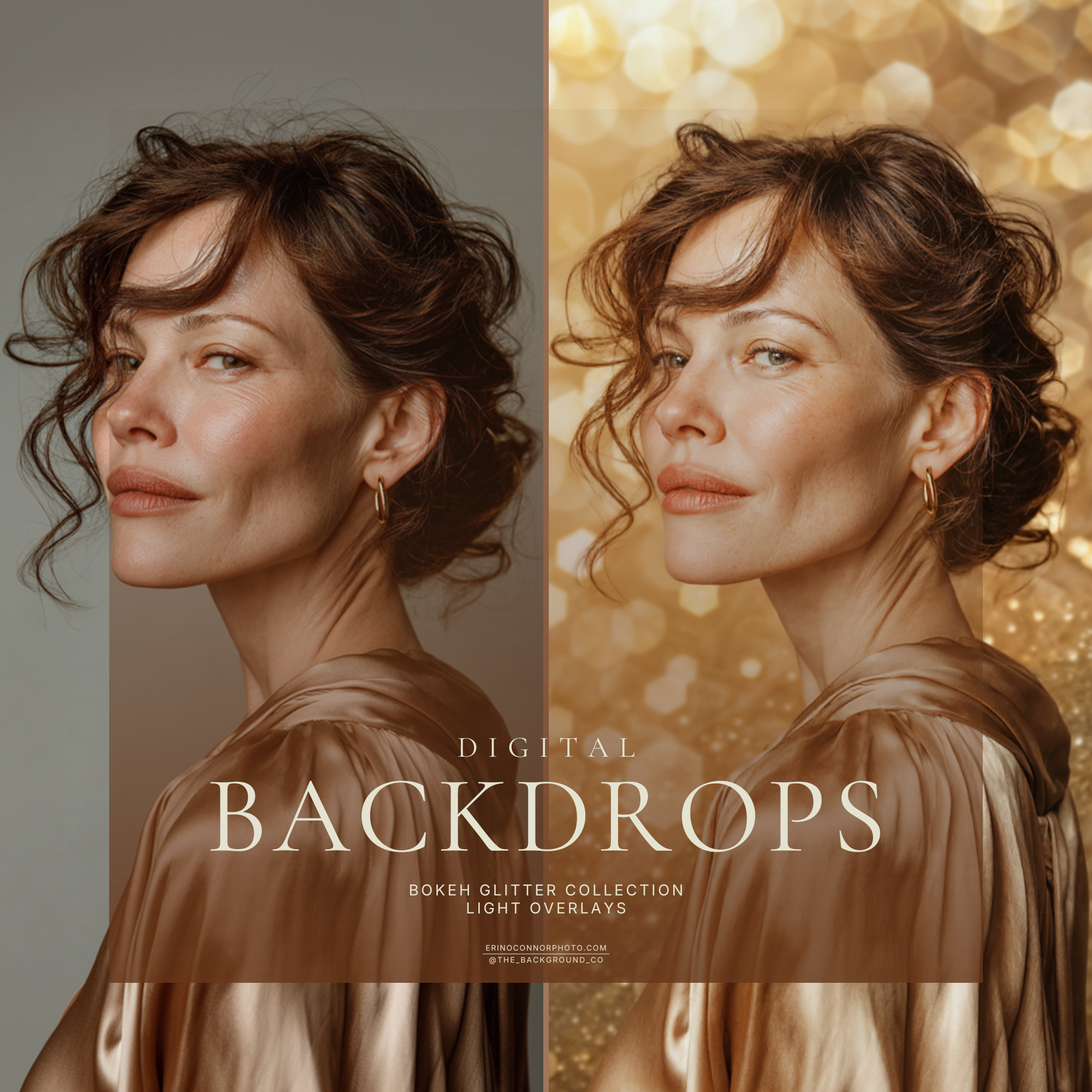 Before and after portrait composite example showing a warm gold bokeh glitter light overlay used as a digital background for polished beauty imagery.