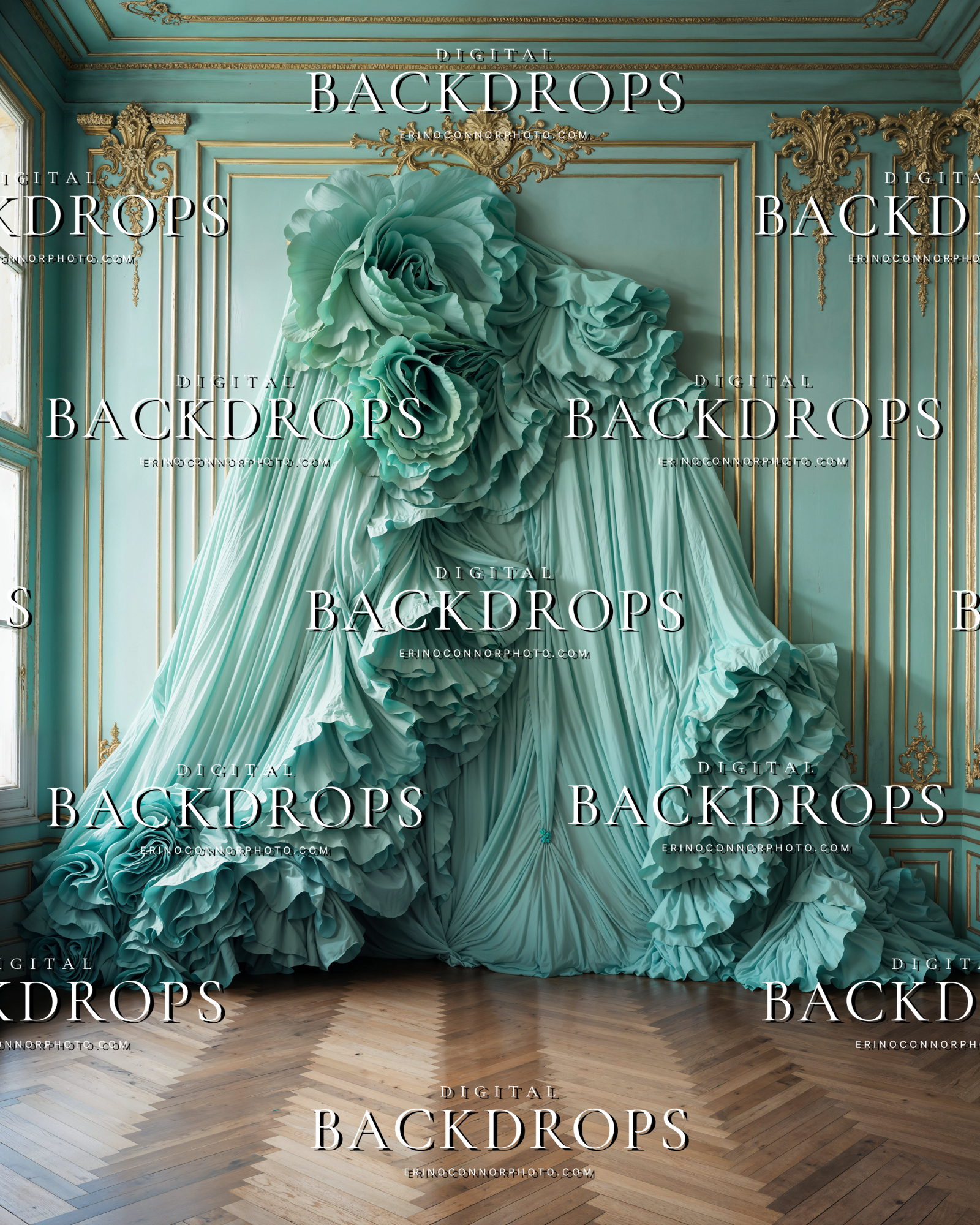 Mint silk digital backdrop with layered ruffles, gold Rococo wall trim, chandelier details, and warm wood floor for portrait composites.