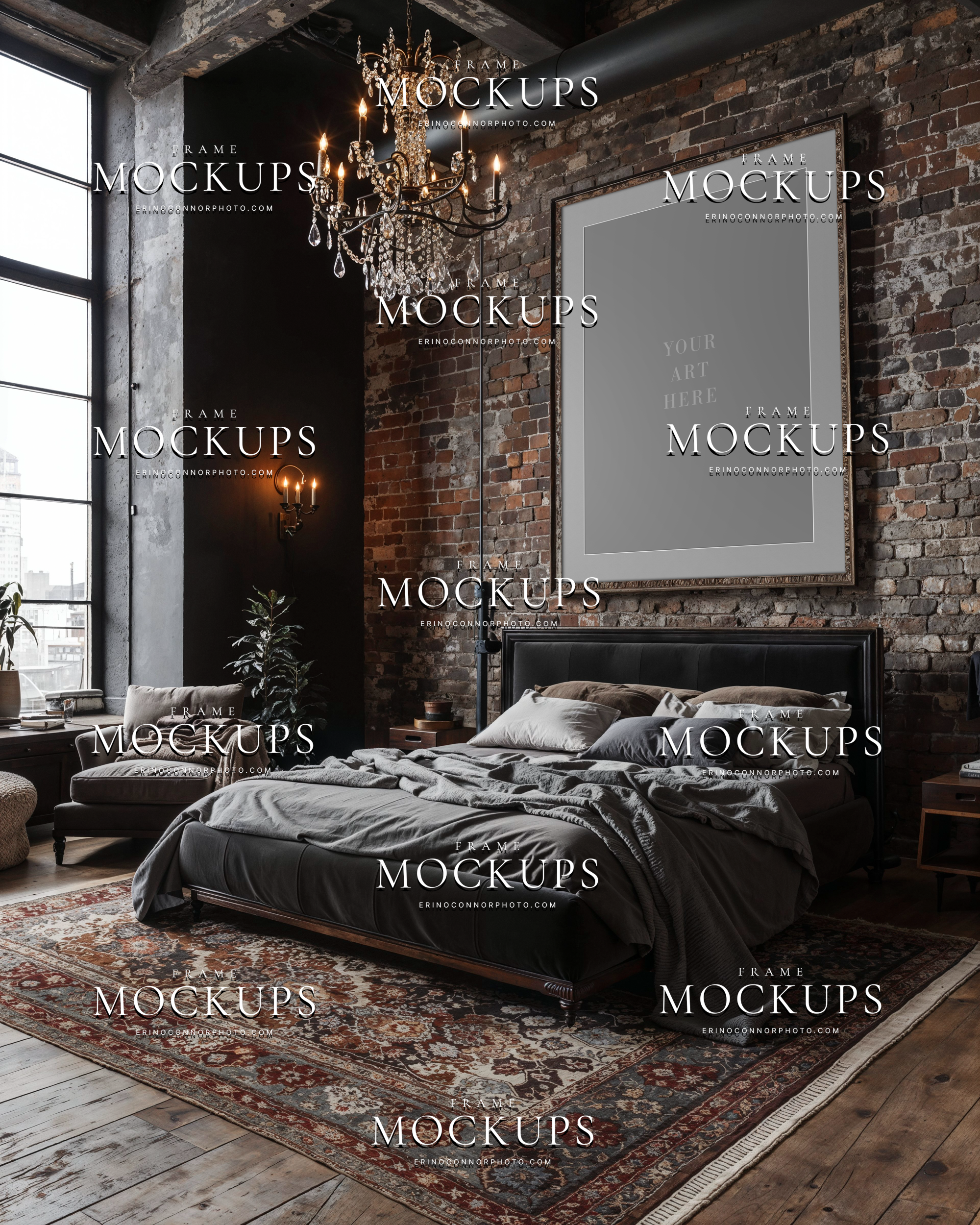 Industrial chic vertical frame mockup above a dark upholstered bed with exposed brick wall, crystal chandelier, large loft window, and warm moody light