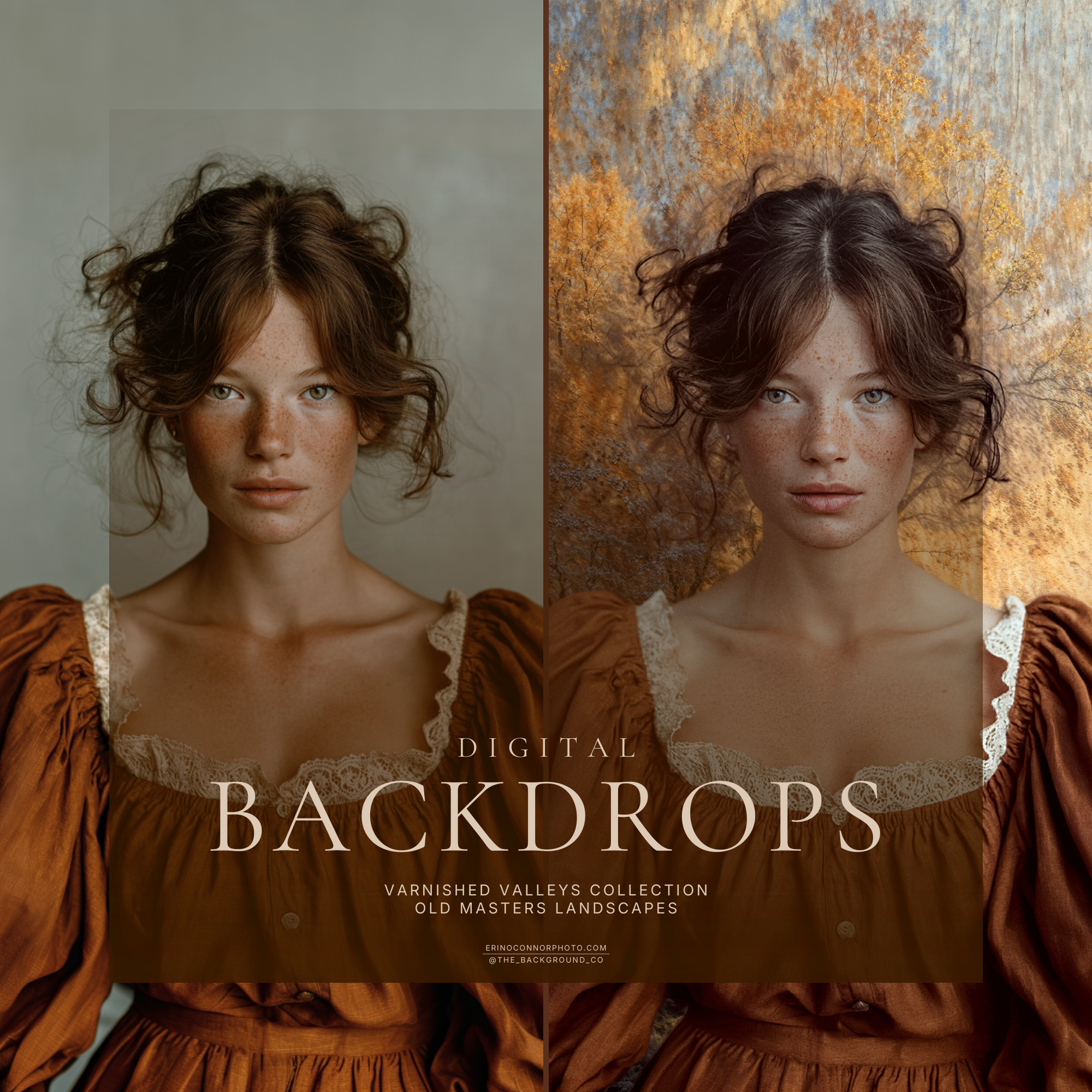 Before and after example using Old Masters Landscapes Varnished Valleys digital backdrop, studio portrait on gray changed to painterly landscape, Photoshop composite workflow.