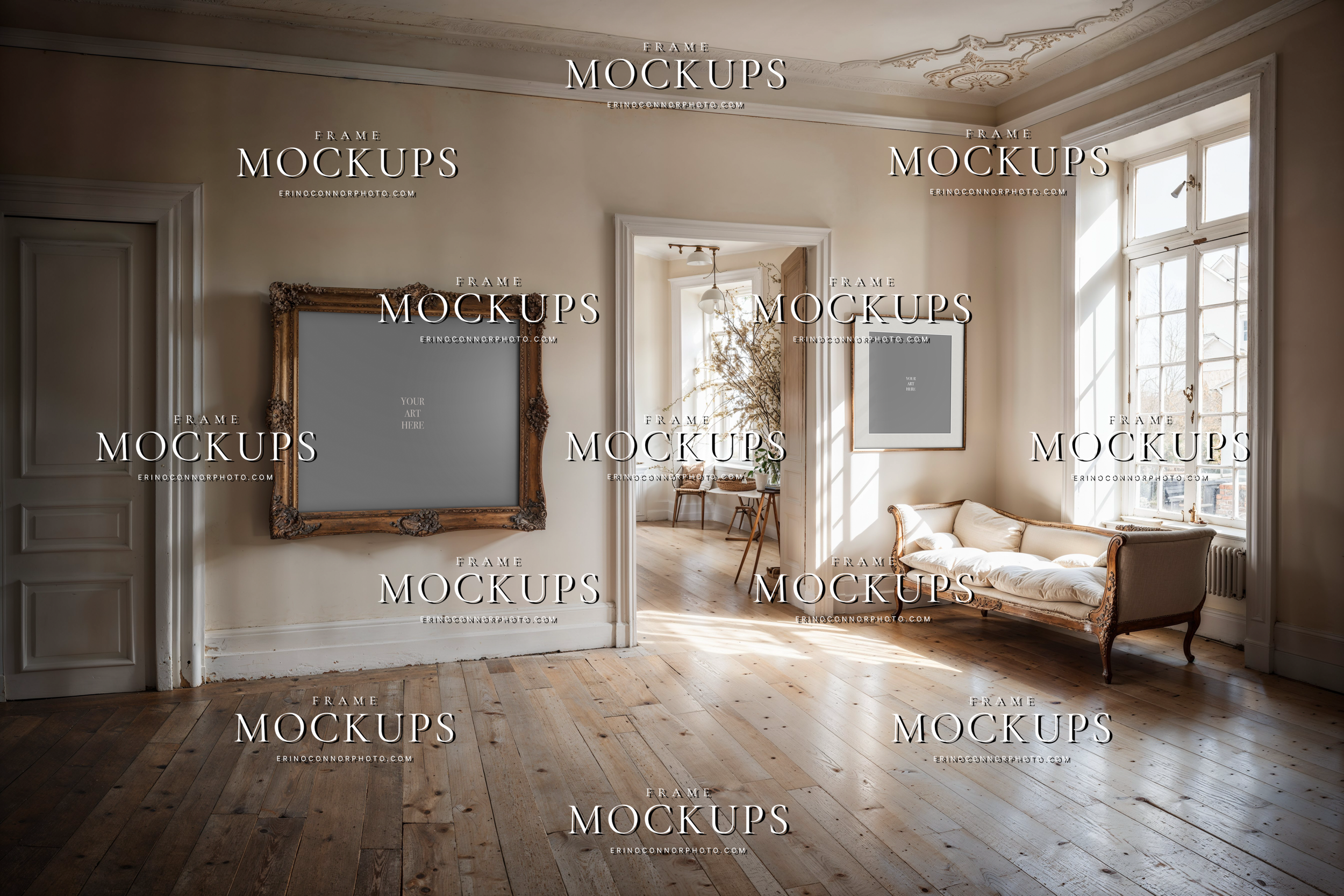 Vintage farmhouse clean room mockup with pale wood floors, antique carved frame, small accent frame, chaise sofa, and soft sunlit country interior.