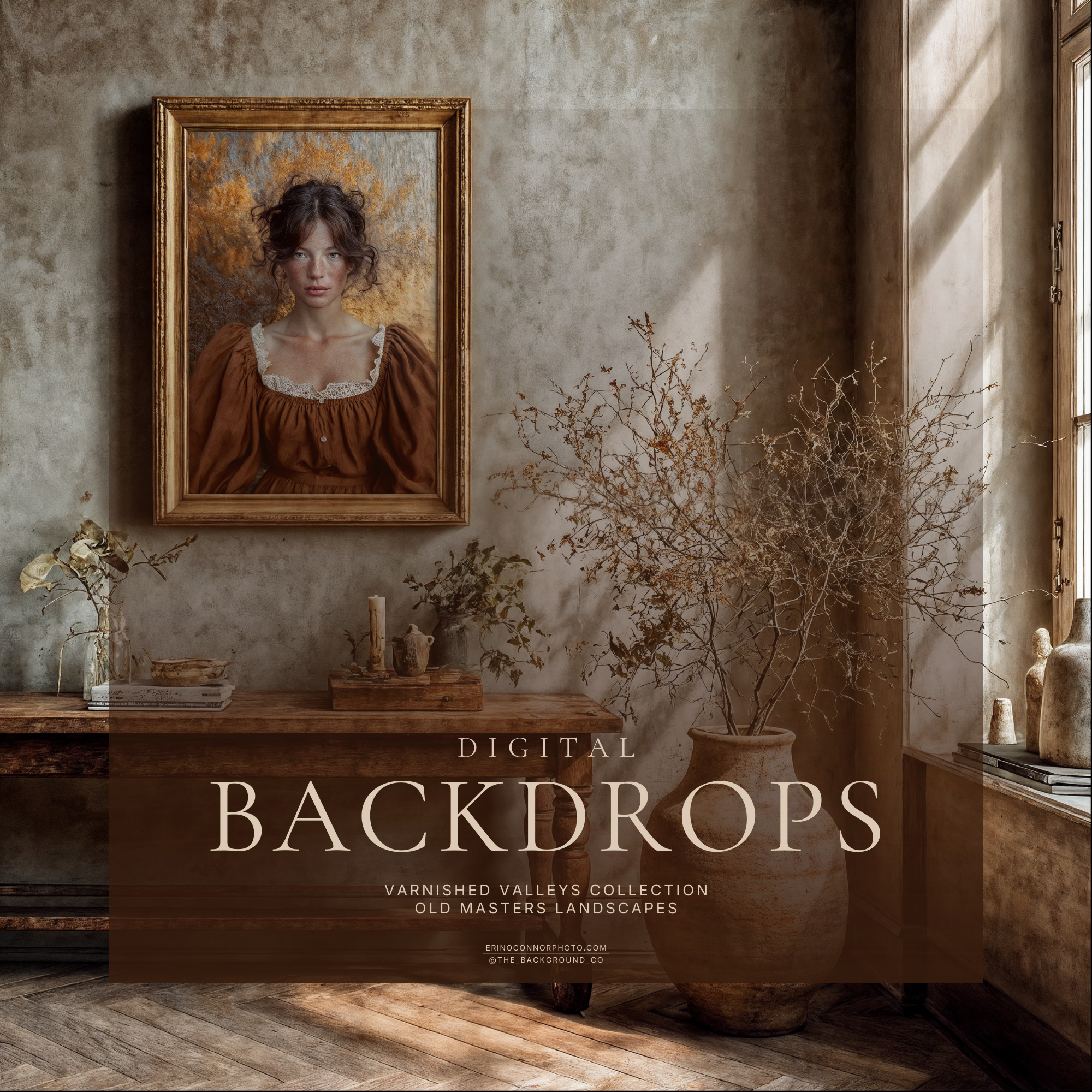 Wall art mockup showing framed portrait made with Old Masters Landscapes Varnished Valleys digital background, vintage plaster room, gallery ready print preview.