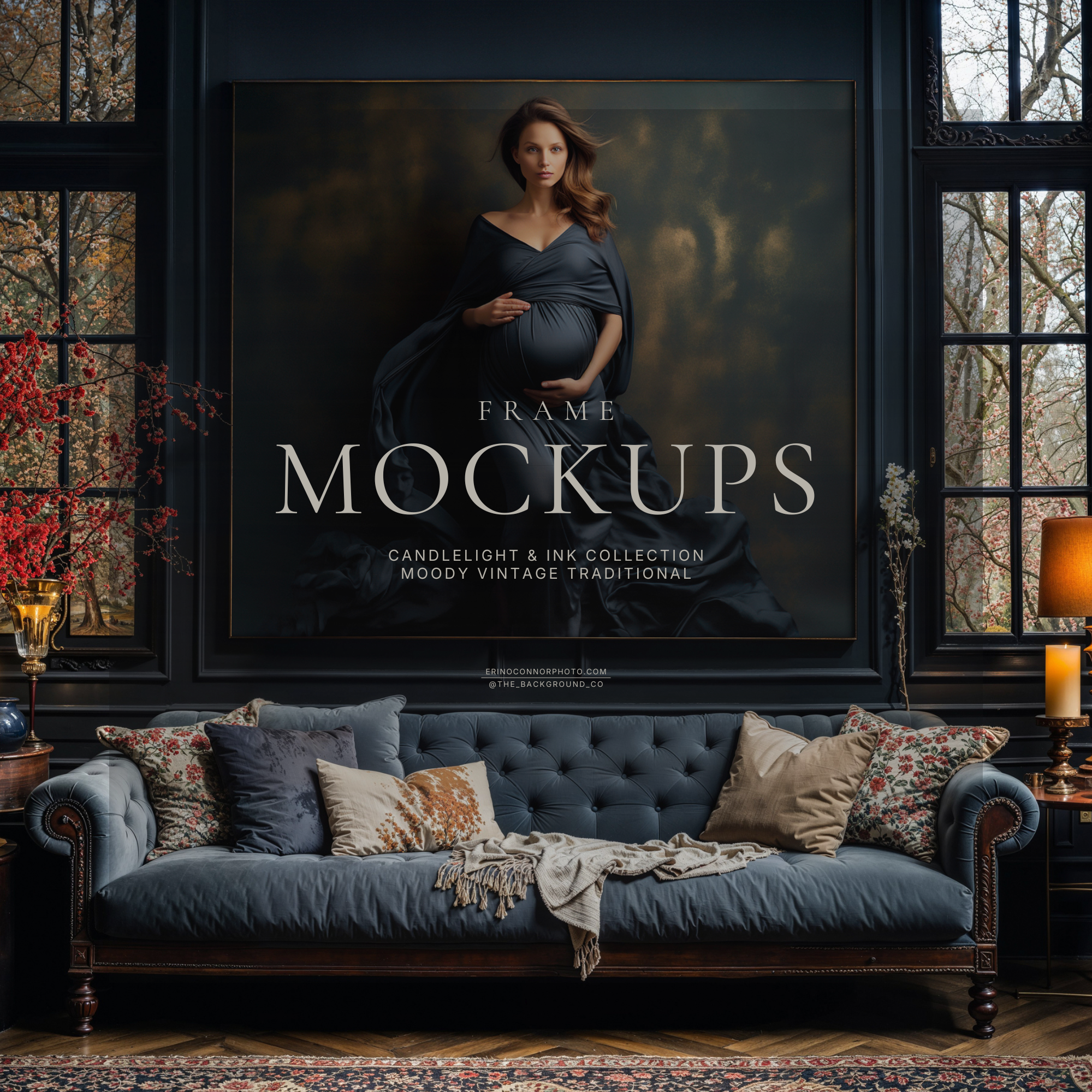 Moody navy paneled room with tufted blue sofa, candles, and large frame mockup above, realistic wall art display for photographers and artists, framed print or canvas preview.