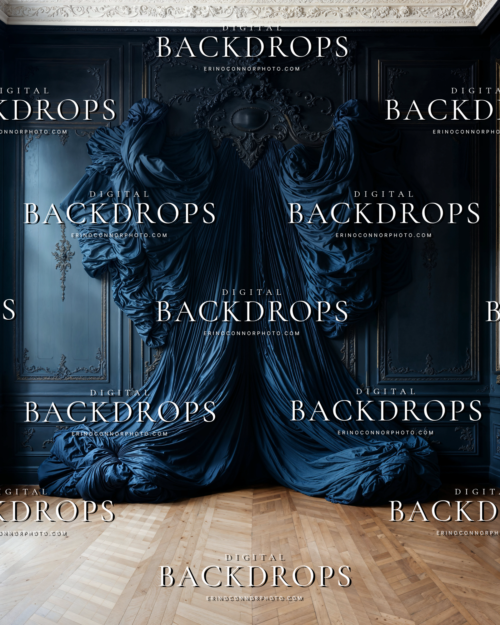 Symmetrical navy silk digital background with sculptural drapery and deep blue wall paneling for refined editorial composites.