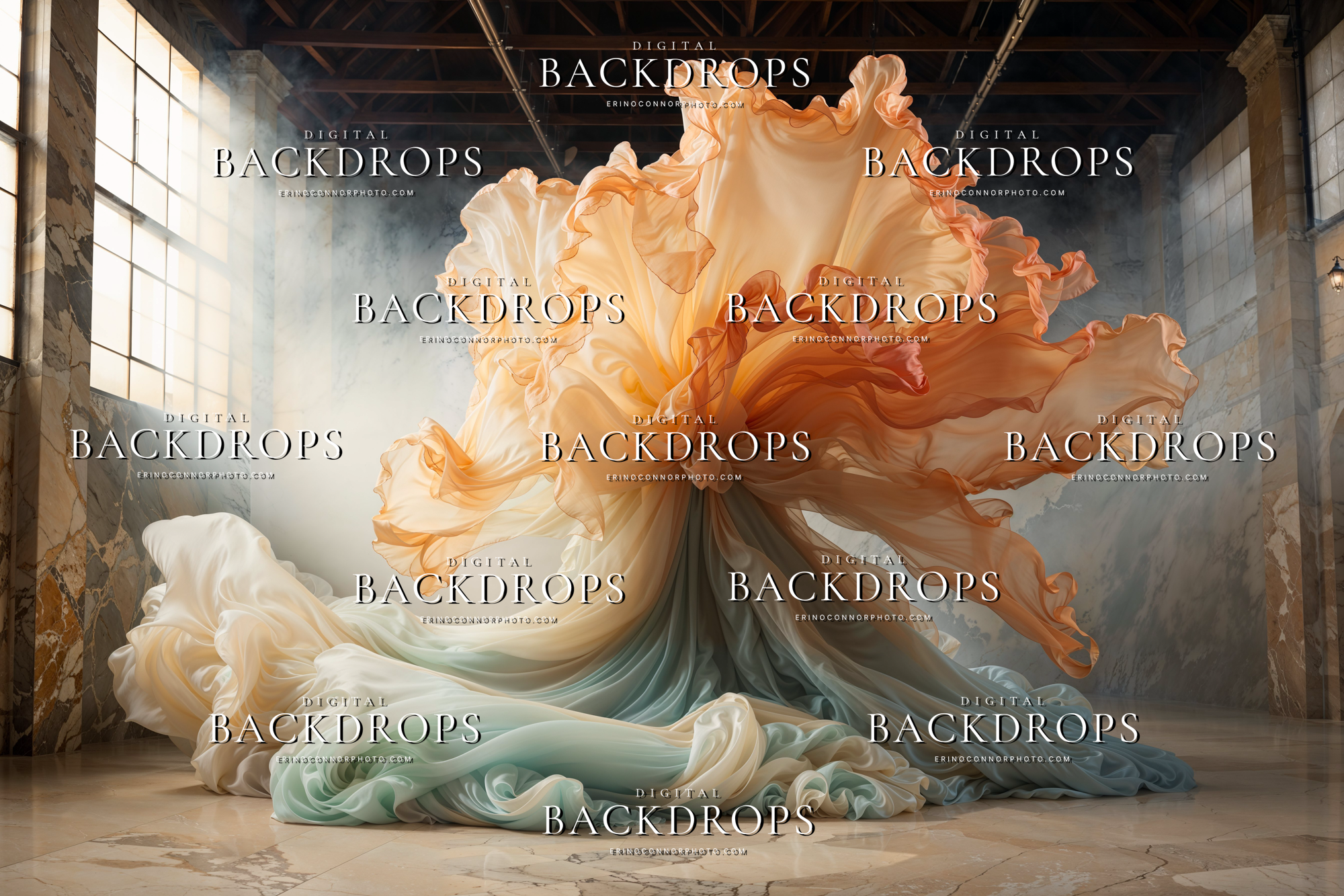 Peach sorbet and pale mint chiffon arranged in a dramatic sculptural burst inside a luminous marble hall, digital background for Photoshop composites.