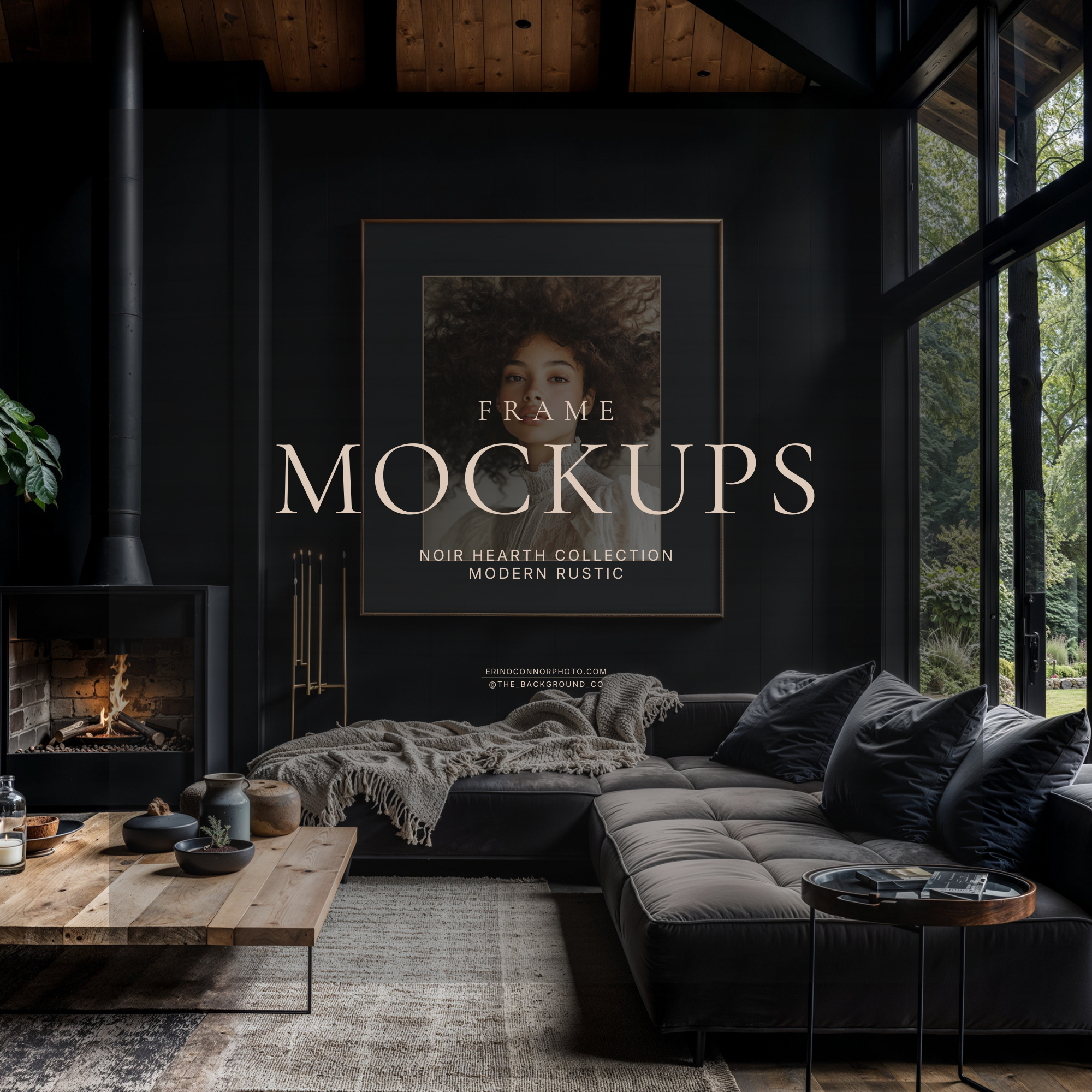 Modern rustic black living room mockup with small fireplace stove, vertical wood frame with wide matte above sectional, floor to ceiling windows, wood ceiling, digital frame mockup