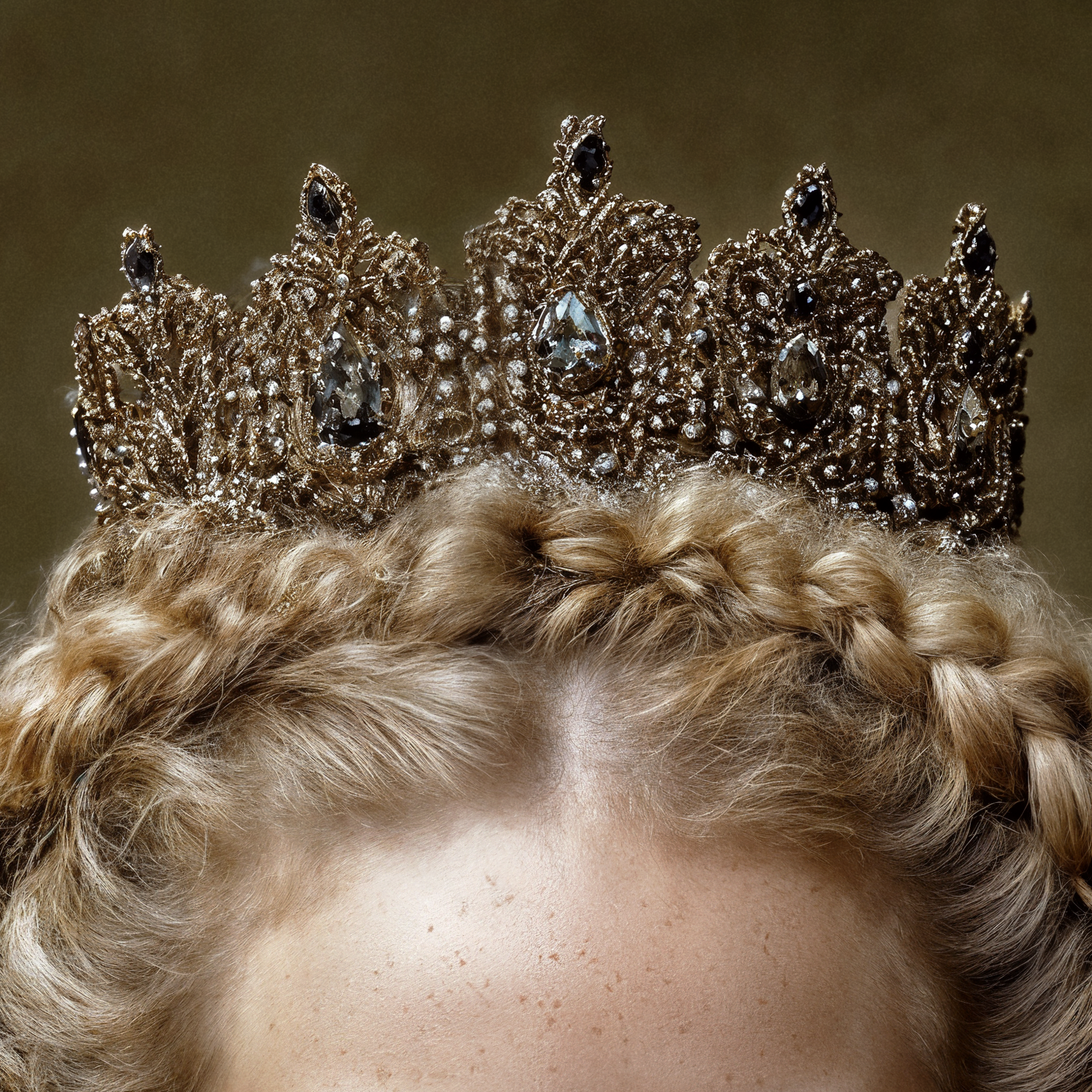 Close detail of Eira's ornate antique-style crown resting above intricately braided blonde hair.