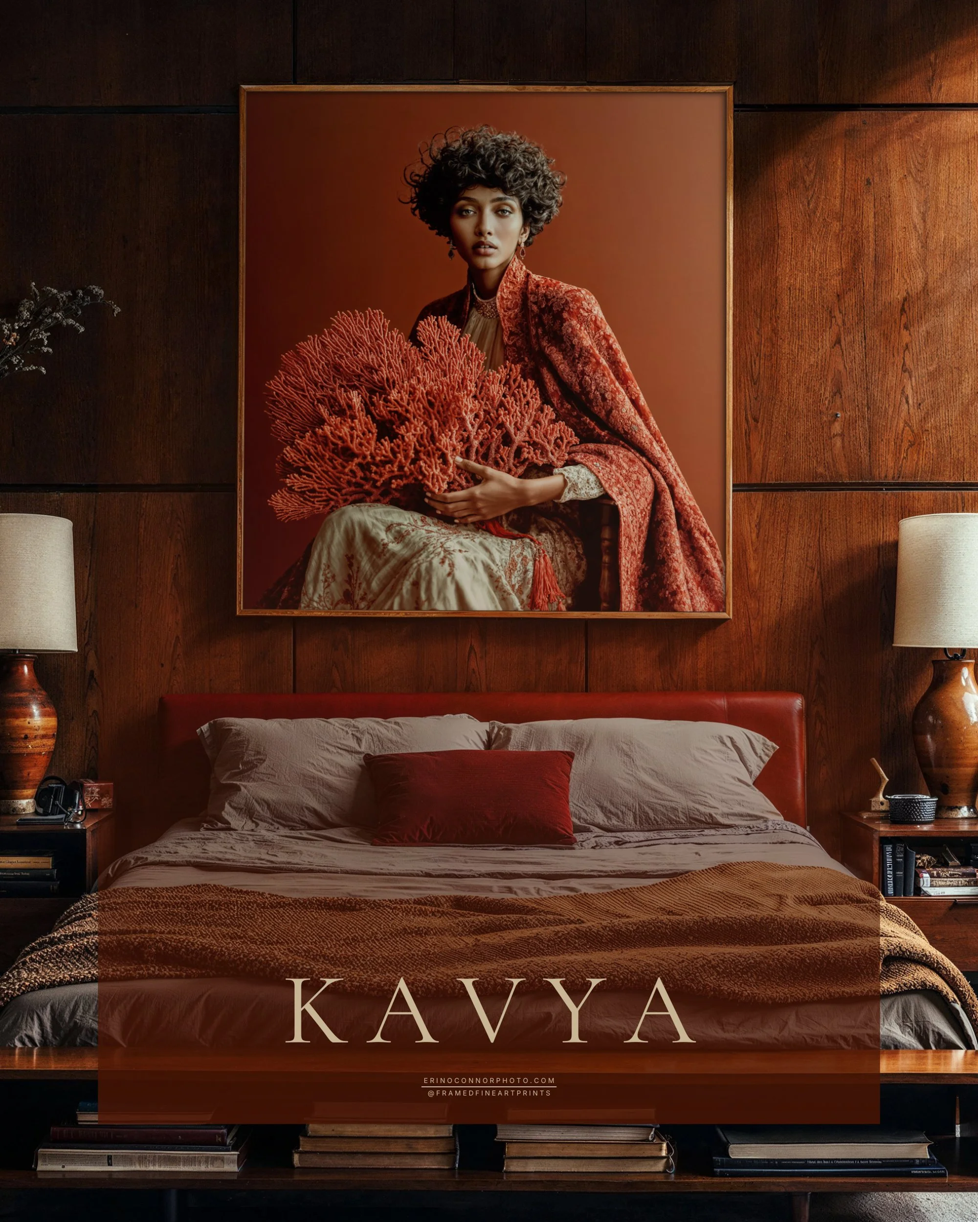 Large framed Kavya fine art portrait displayed above a bed in a warm wood-paneled bedroom.