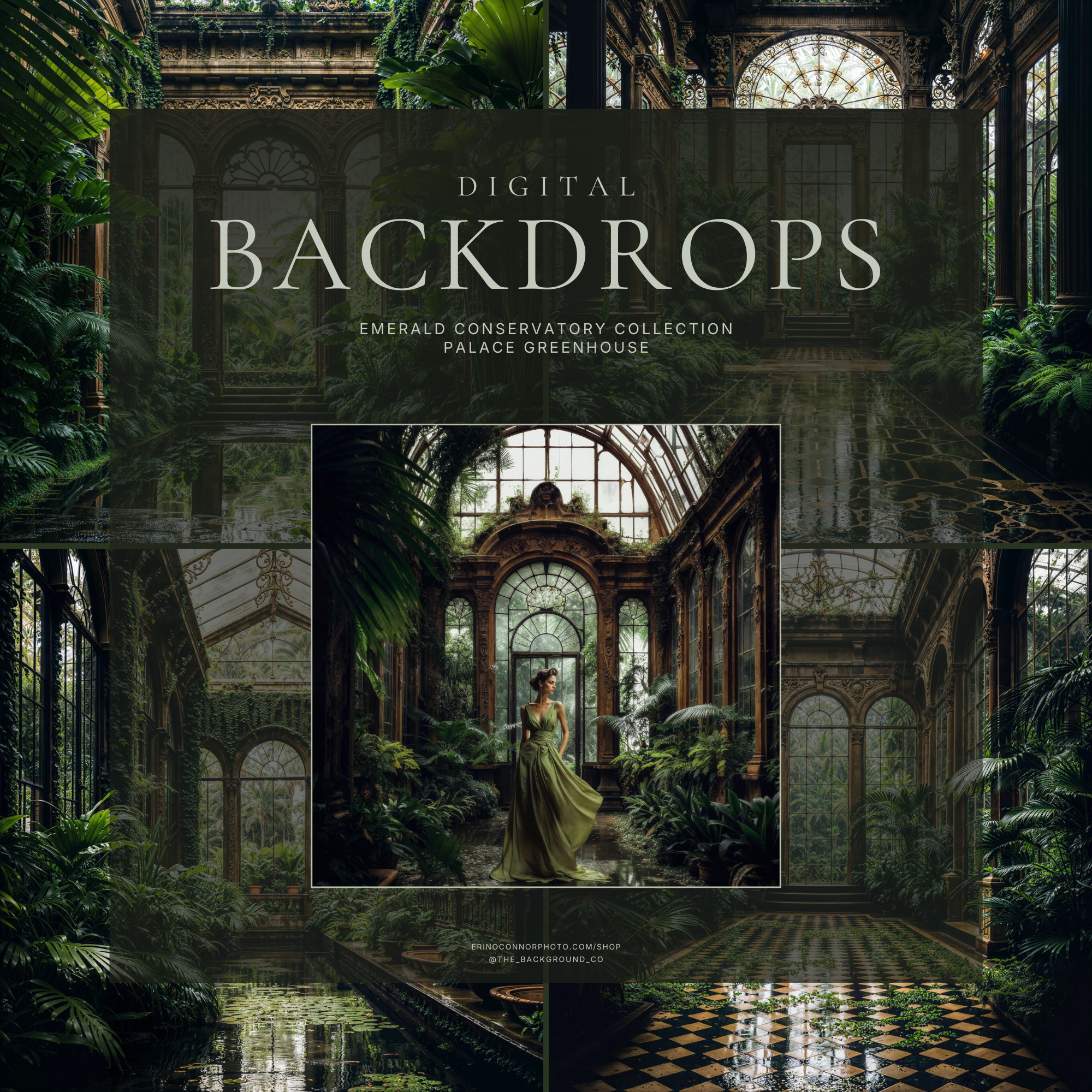 Greenhouse: Emerald Conservatory, five vintage greenhouse digital backdrops shown collection with a central composite inside an ornate conservatory.