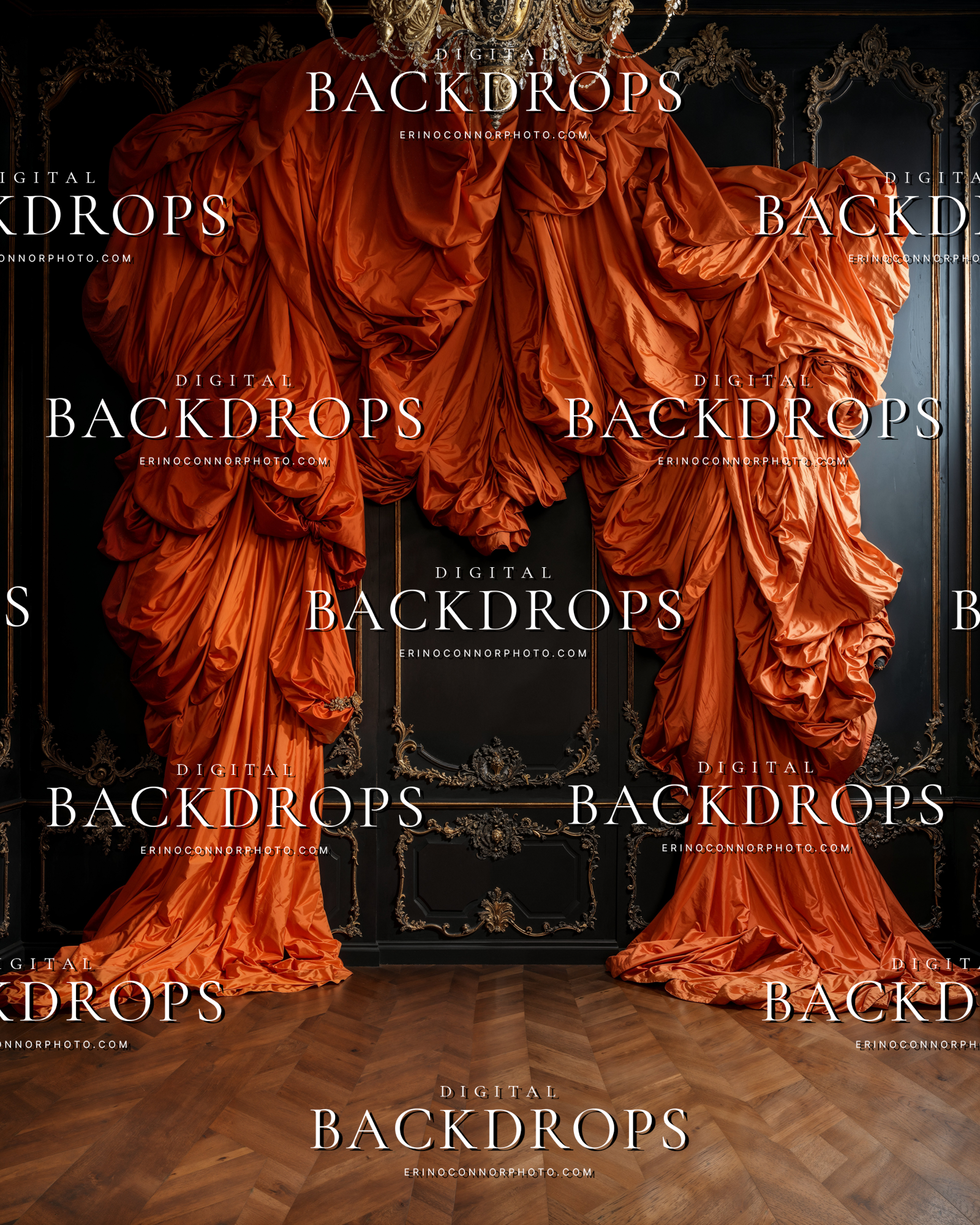 Burnt orange silk digital background with gathered drapery, chandelier detail, and dark paneled walls for moody portrait composites.