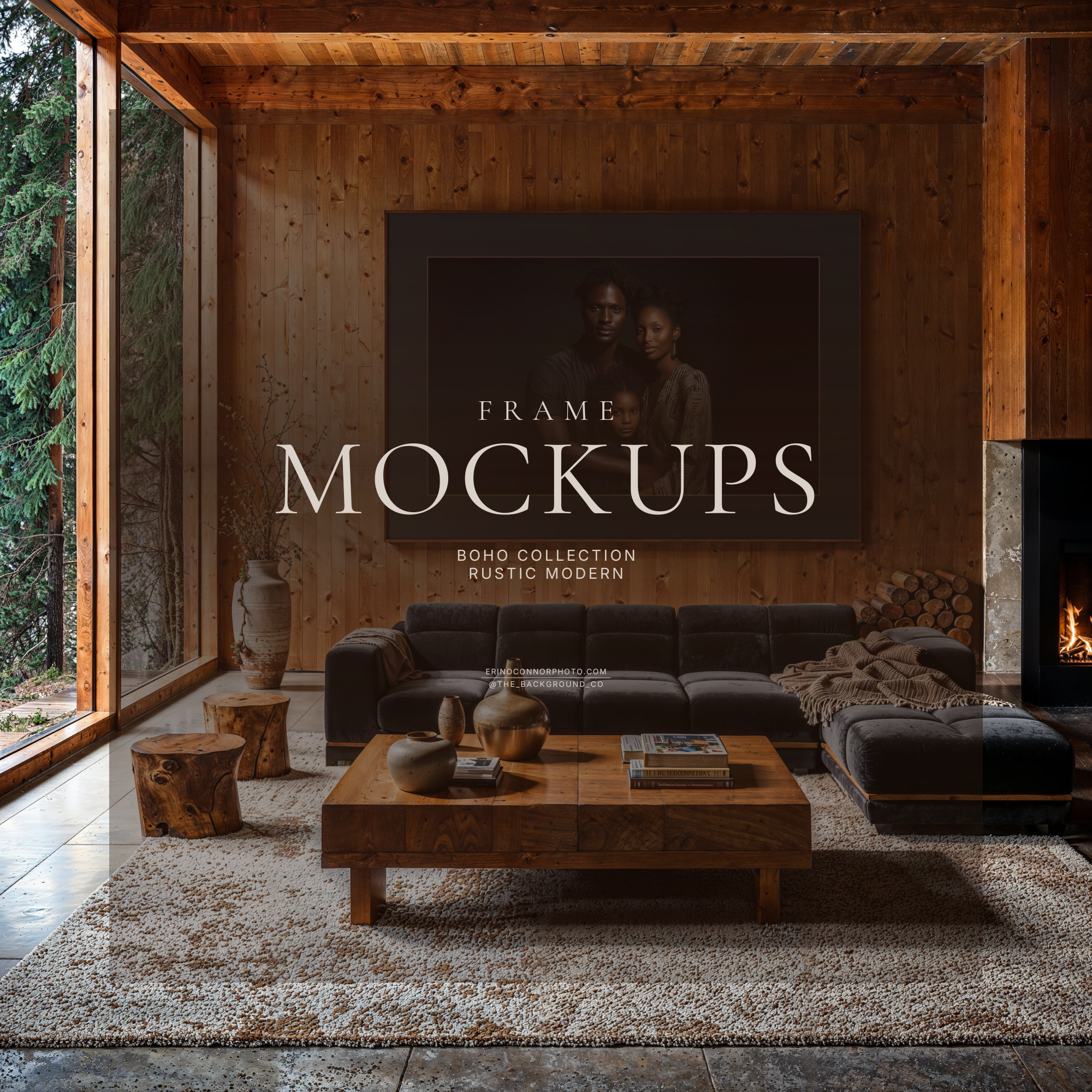 Wood cabin living room mockup with large windows, black sectional sofa, fireplace, and an oversized horizontal black frame with wide mat, panoramic wall art frame mockup for prints and photos.